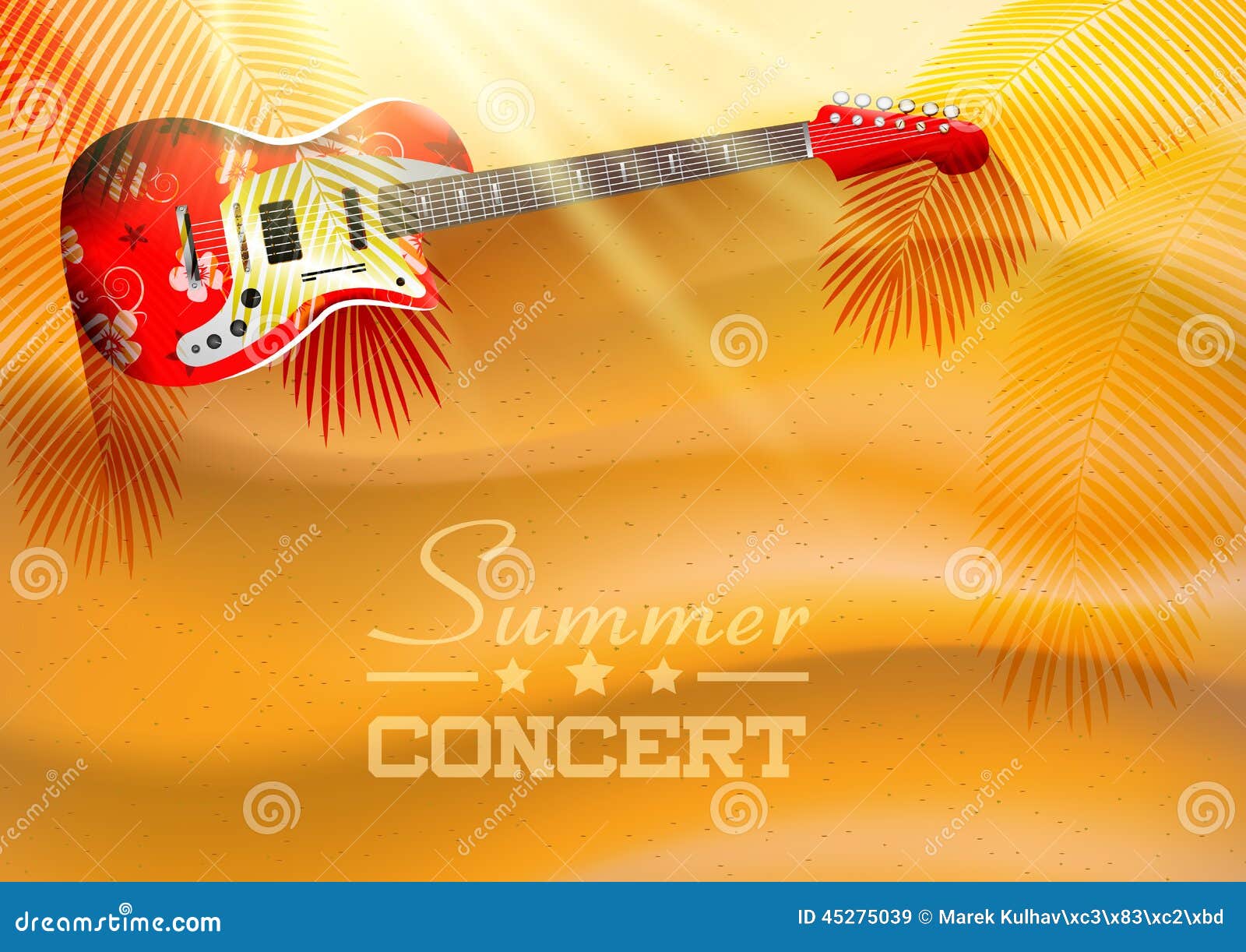 Summer Concert Background with Guitar and Sunset Stock Illustration