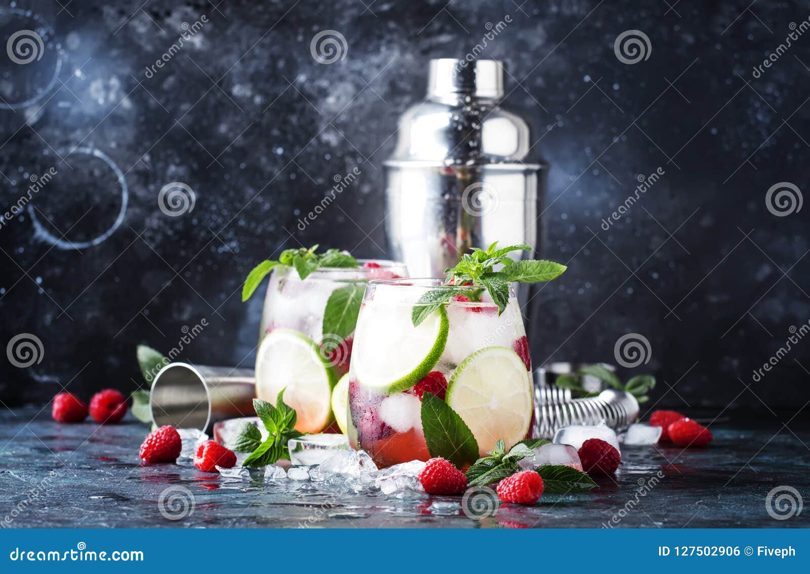 Summer Cool Alcoholic Cocktail Raspberry Mojito Cocktail With Li Stock