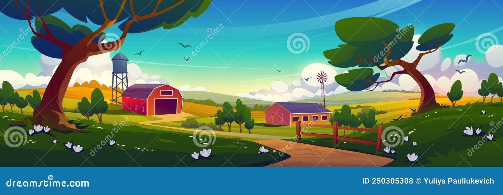 Summer Countryside With Farm Barn Windmill Stock Illustration