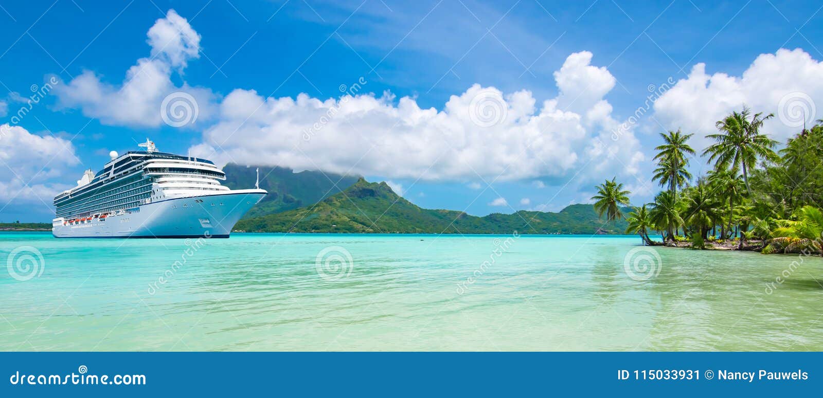 summer cruise vacation travel. panoramic landscape view with cruise ship in bora bora.