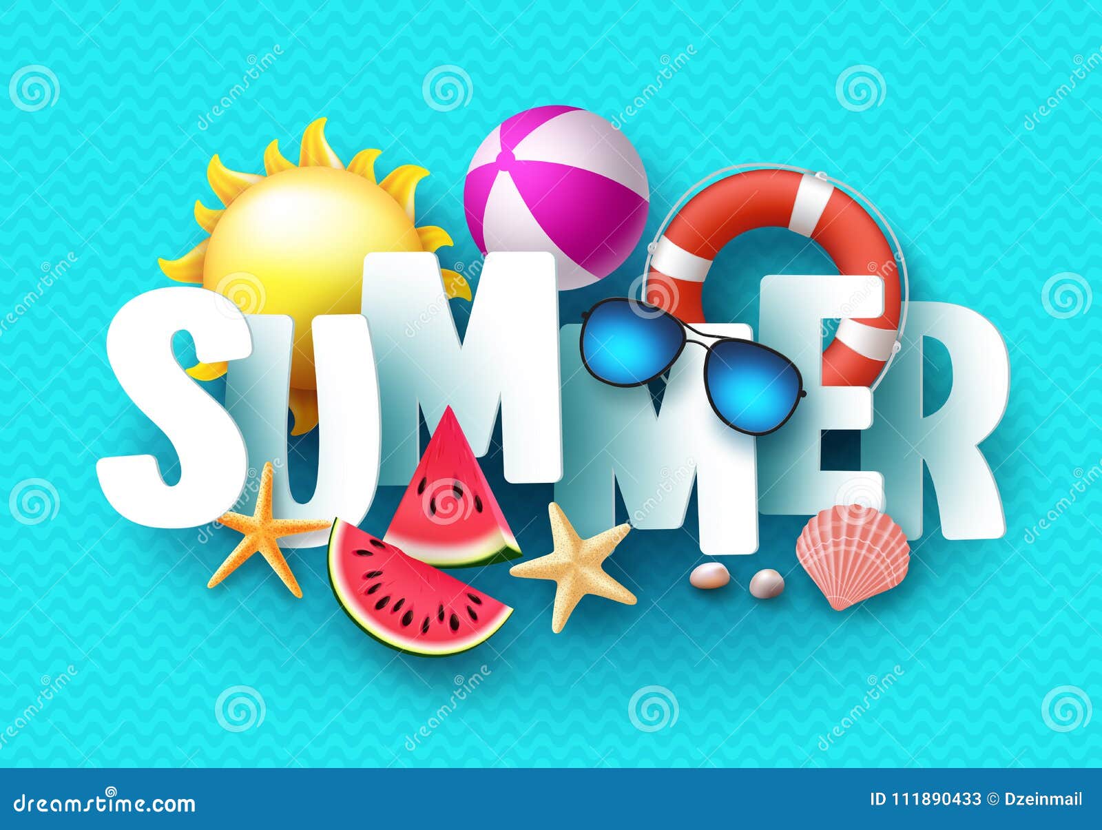 summer 3d text  banner  with white title and colorful tropical beach s