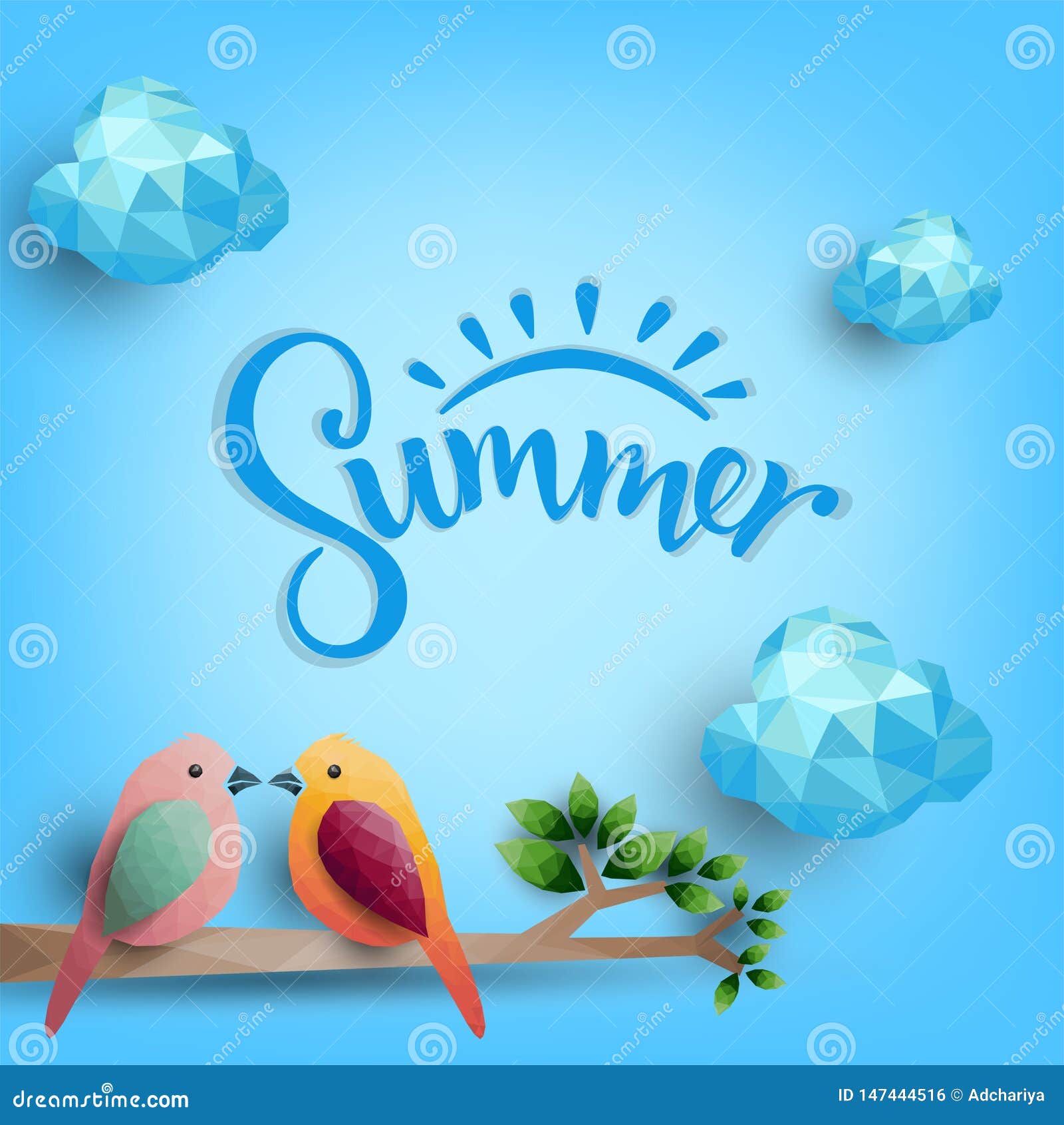 Summer Day, Birds on Branch from Polygonal Shapes, Vector Illustration