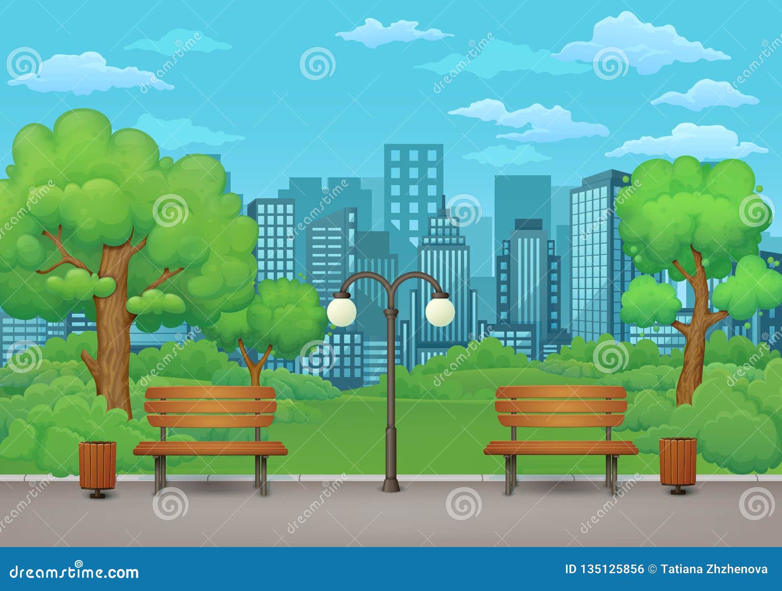 Summer Day in the Park. Benches, Trash Cans and Street Lamp on a Park ...