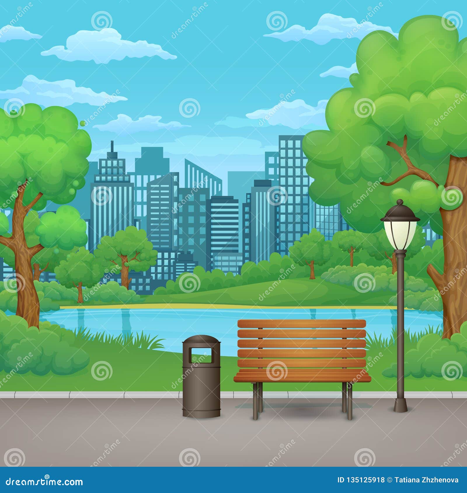 Summer Day in the Park. Wooden Bench, Trash Can and Street Lamp on a ...