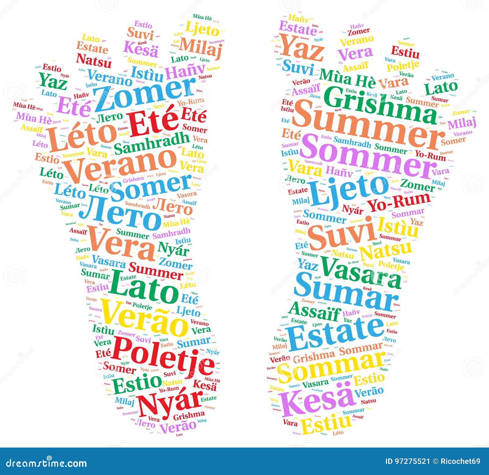Summer in Different Languages Word Cloud Stock Illustration