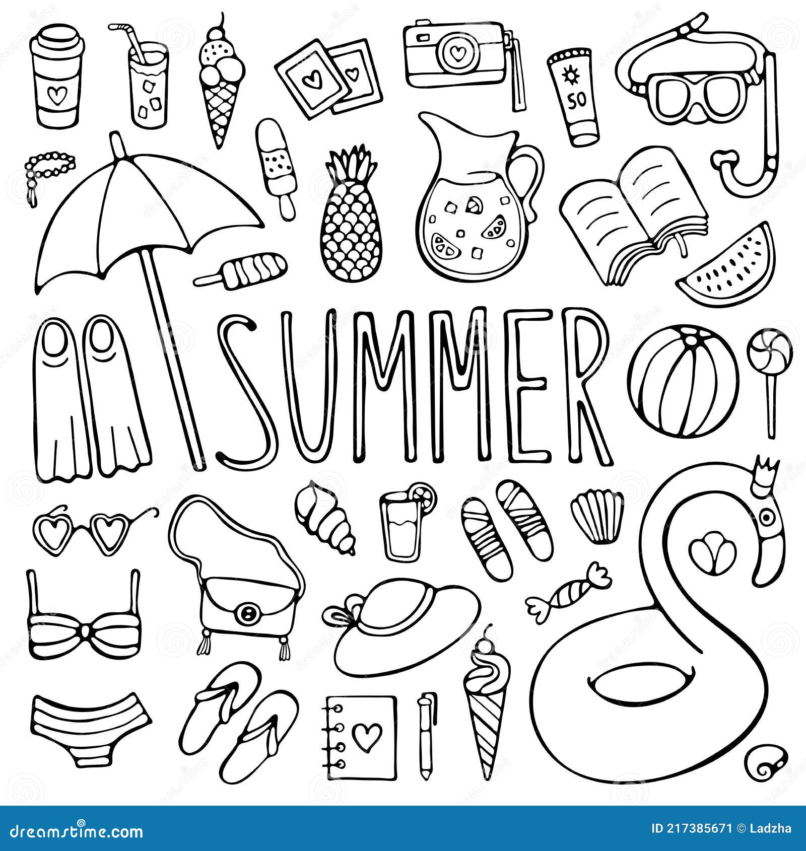 Summer Doodle Set, Black Elements on White Stock Vector - Illustration ...