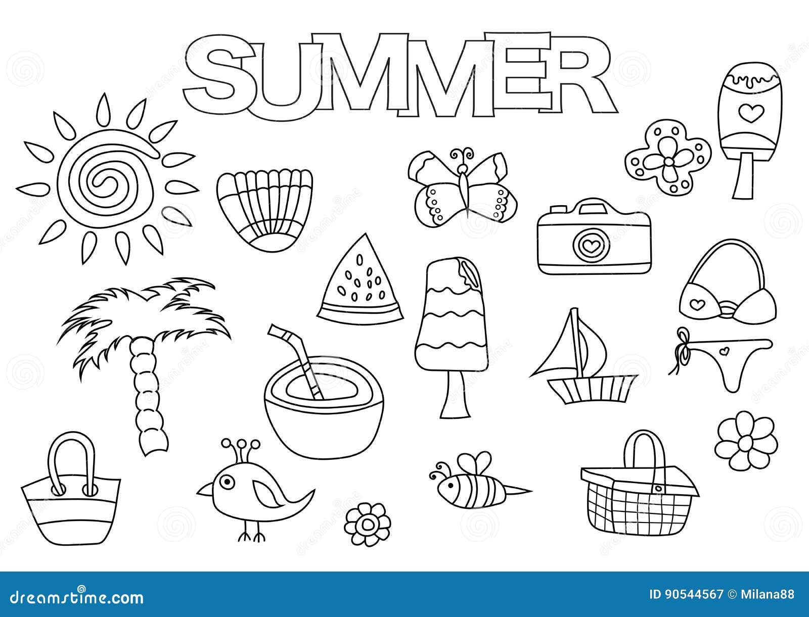 Summer Elements Hand Drawn Set Coloring Book Template Outline