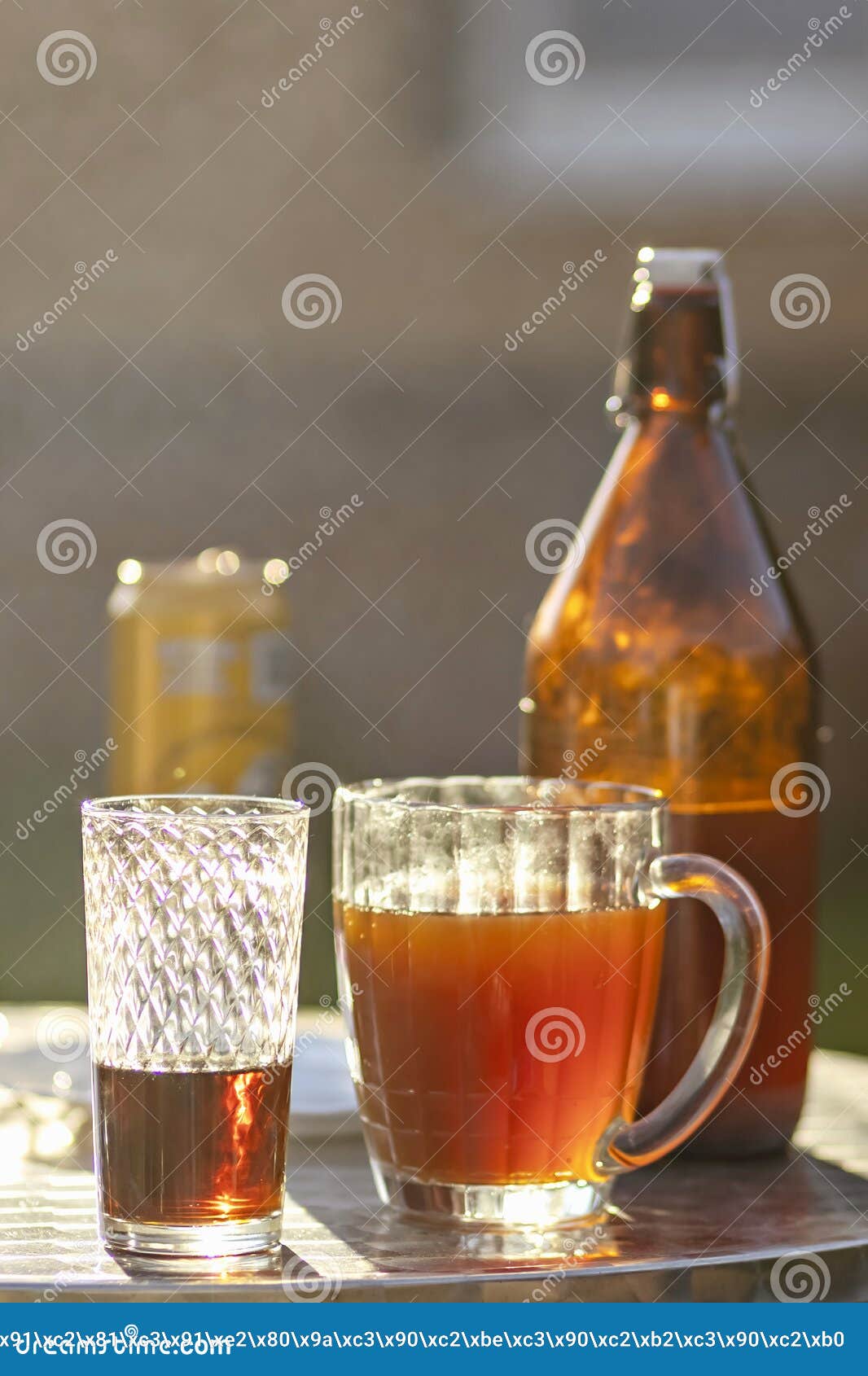 Summer Evening. Colored Drinks in Various Glassware on the Outdoor Table, a Party in the