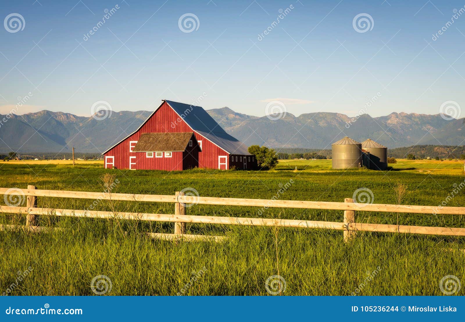 summer evening with a red barn in rural montana