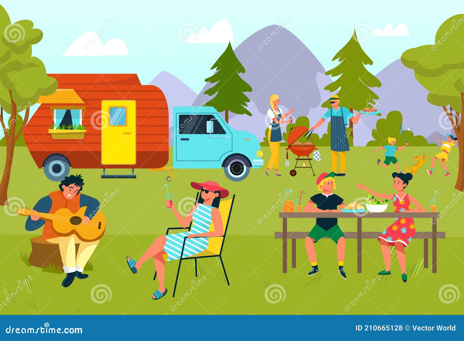 Summer Family Picnic at Vacation Outdoor, Vector Illustration. Travel by  Van, Adventure Camp at Nature Stock Vector - Illustration of vacation,  design: 210665128