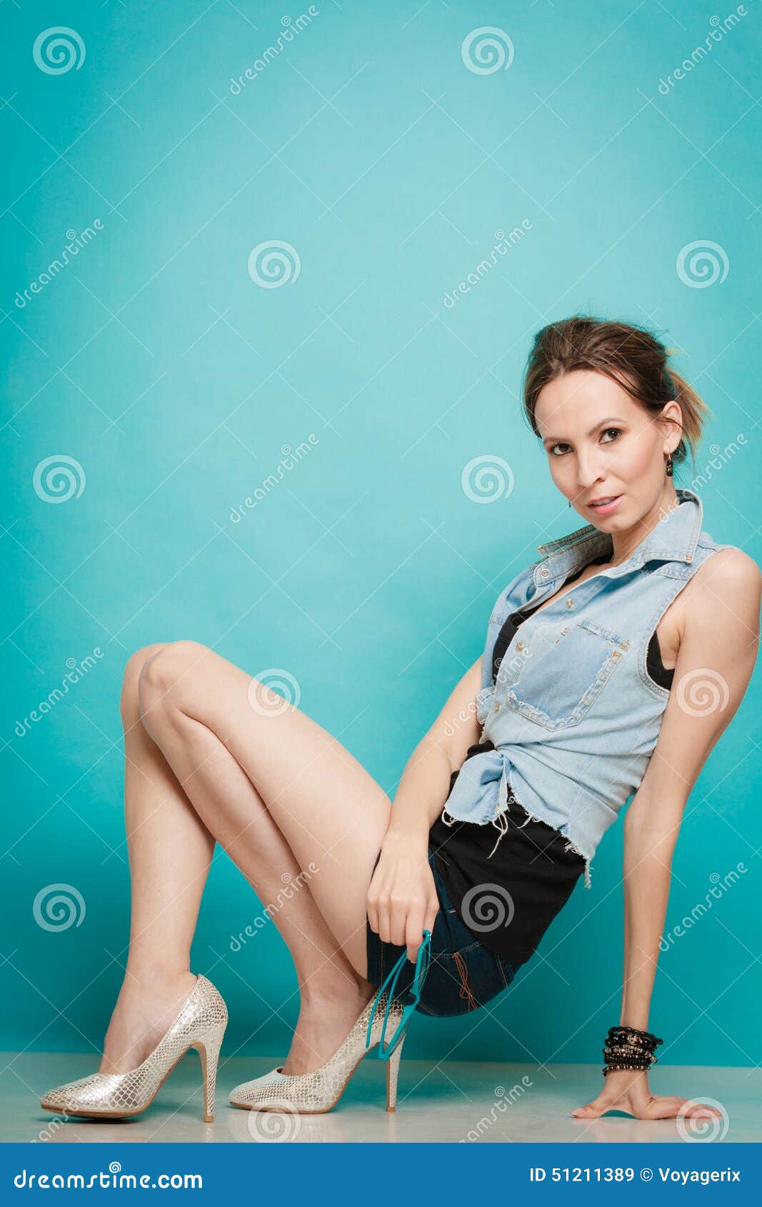 Summer Fashion Girl In Jeans Shirt Shorts And High Heels. Stock Photo ...