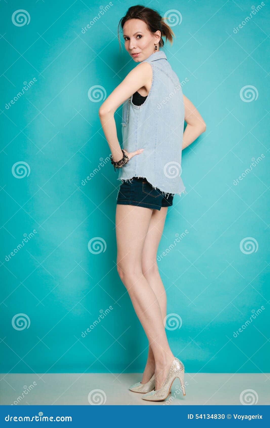 Summer Fashion Girl in Jeans Shirt Shorts and High Heels. Stock Photo ...