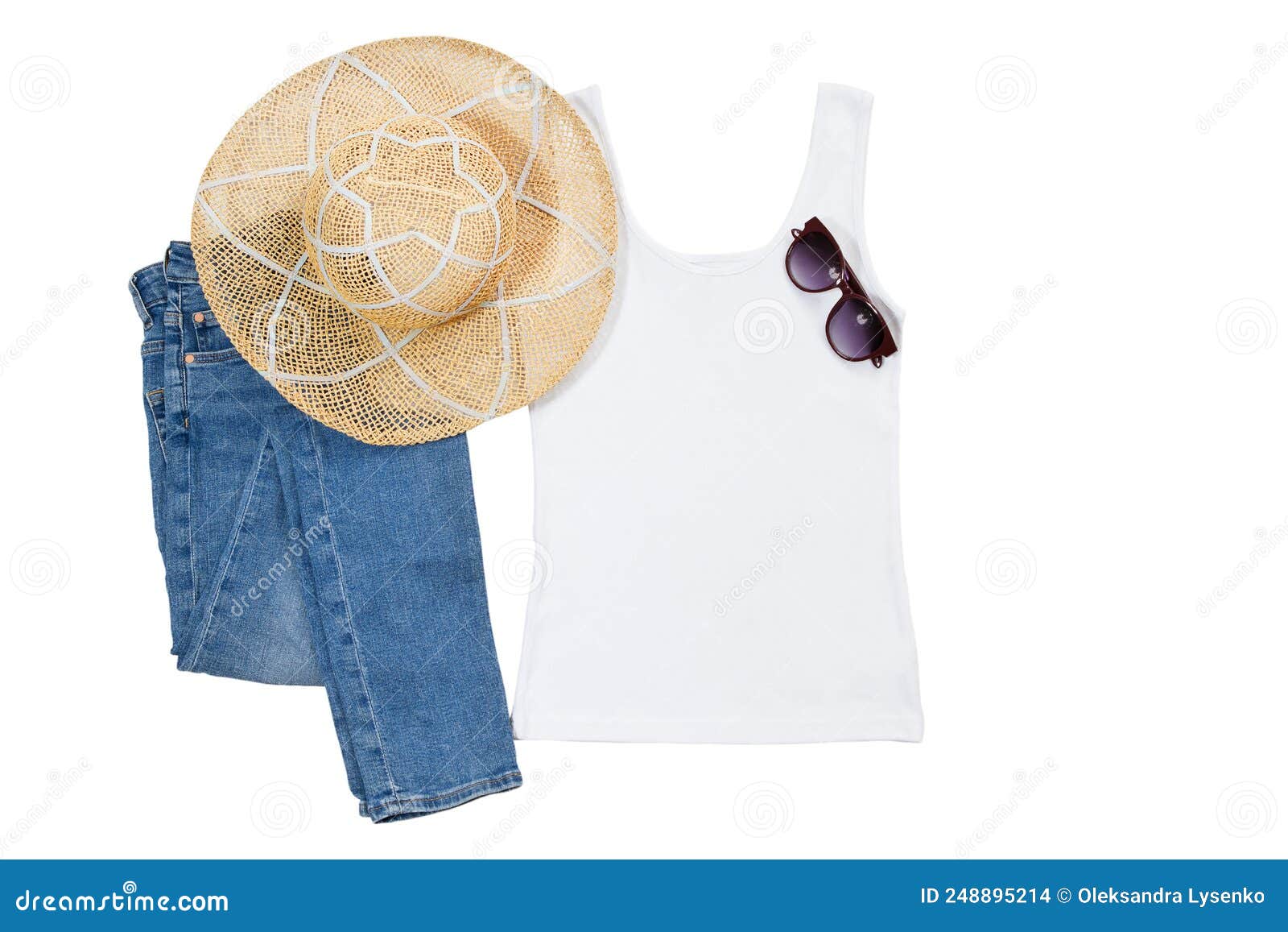 Summer Female T Shirt, Hat, Sunglasses Mock Up Flat Lay Isolated on ...