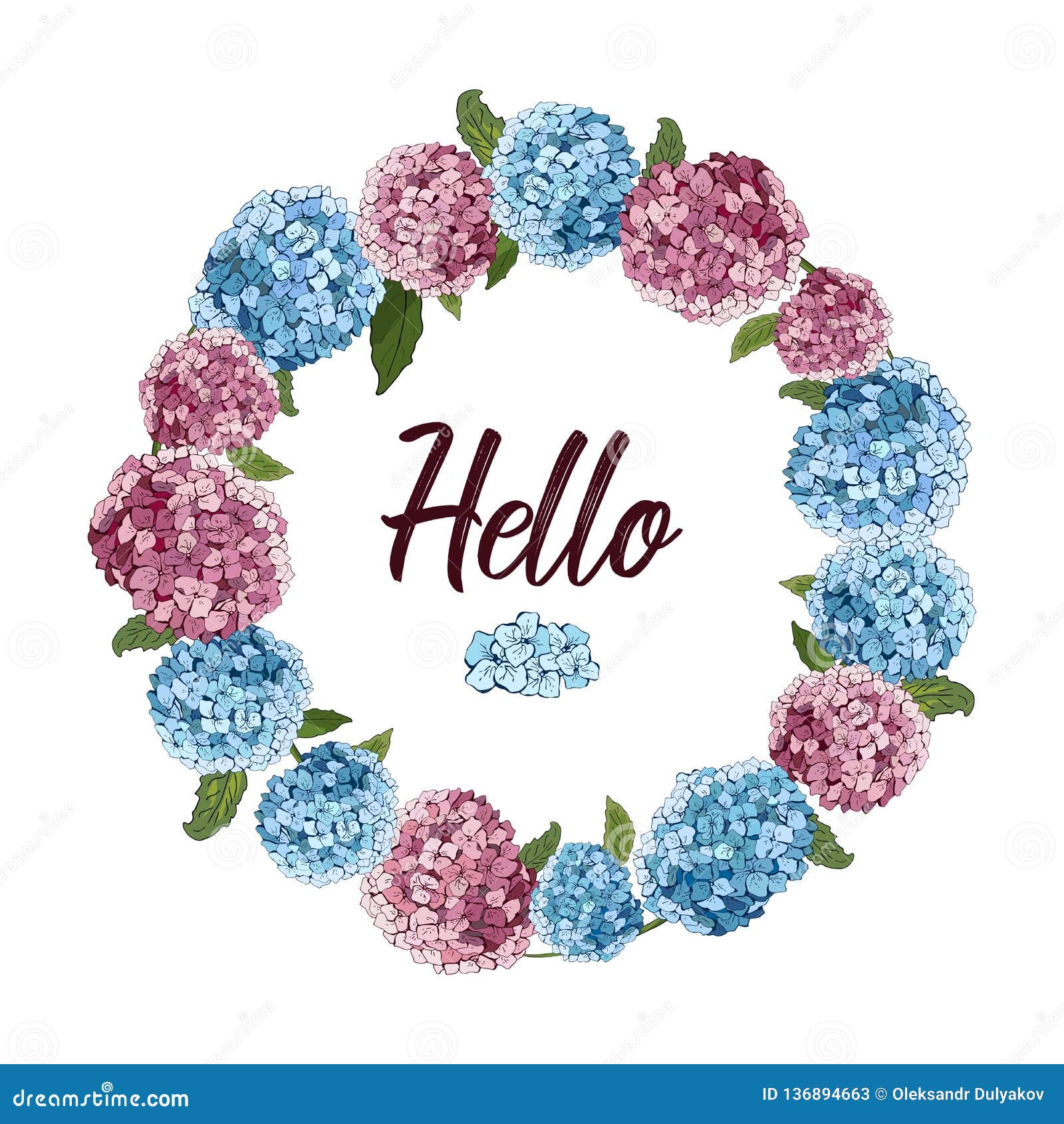 Summer Floral Greeting Card with Blooming Hydrangea Flowers, Wreath.  Botanical Natural Hydrangea Illustration on White Background Stock Vector -  Illustration of detailed, blossom: 136894663