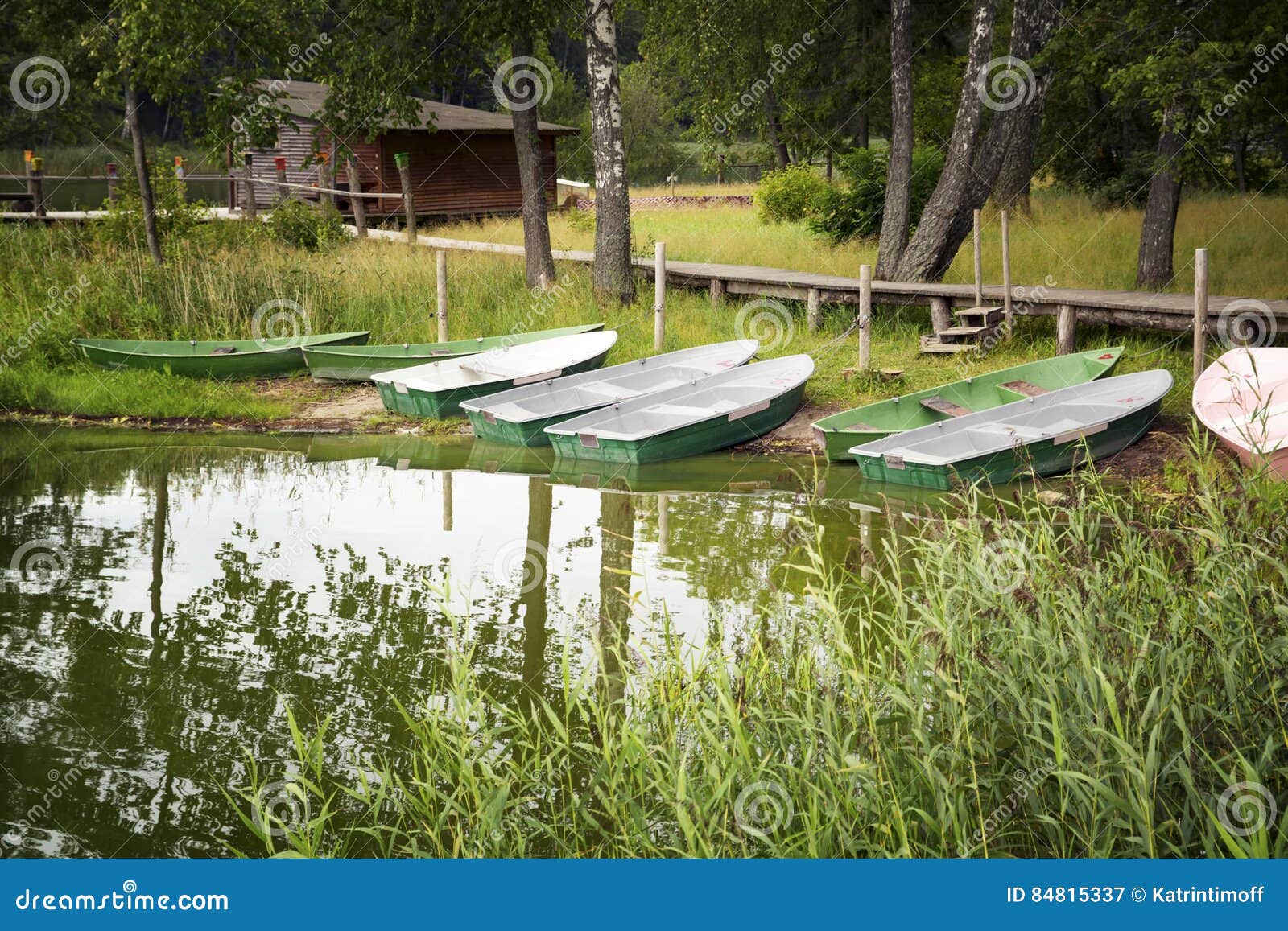 summer forest landscape with lake and boats