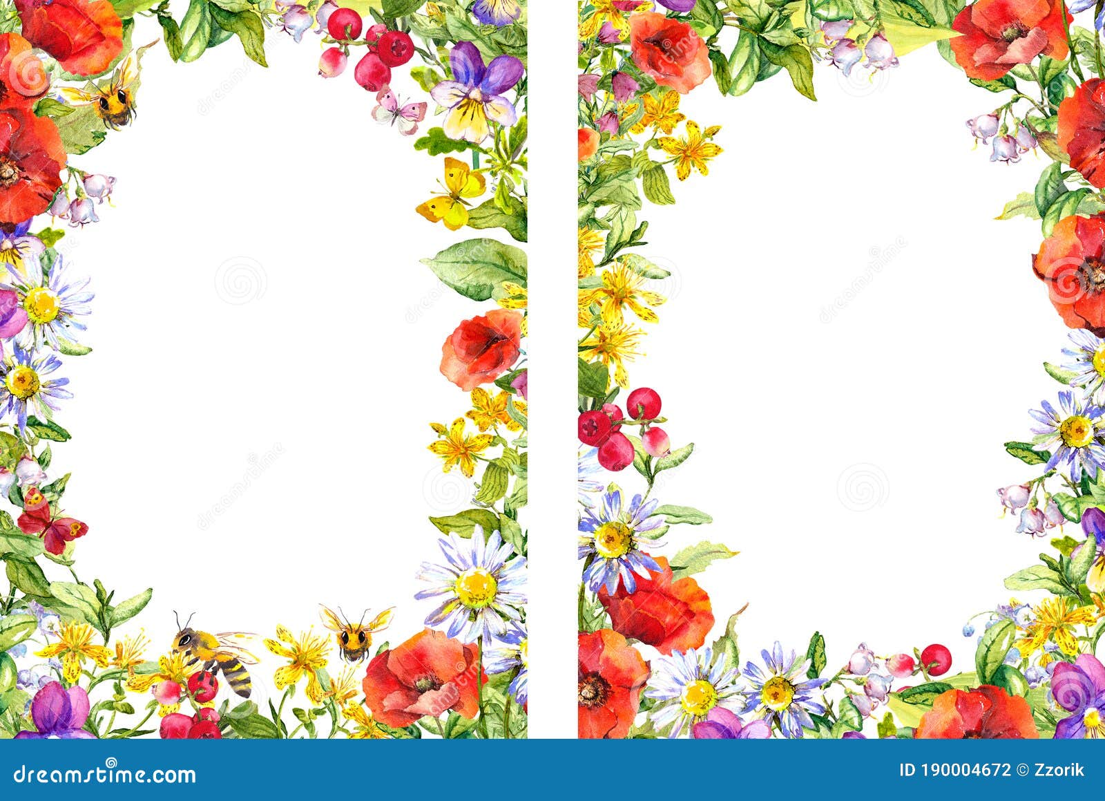 summer frames for 5x7 summer floral flyers . flowers, meadow grass, butterflies, bees. watercolour