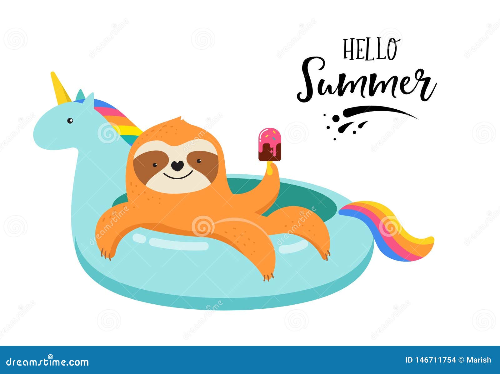summer fun  with cute sloth on unicorn swimming pool float. concept  s, background