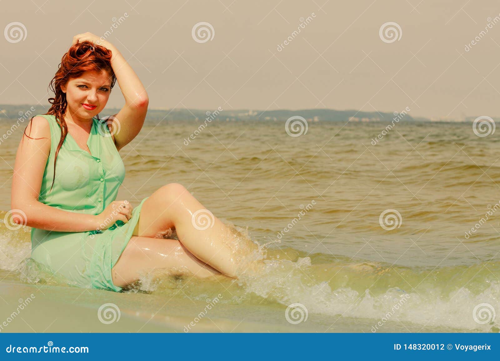 Redhead Woman Posing In Water During Summertime Stock Photo Image Of