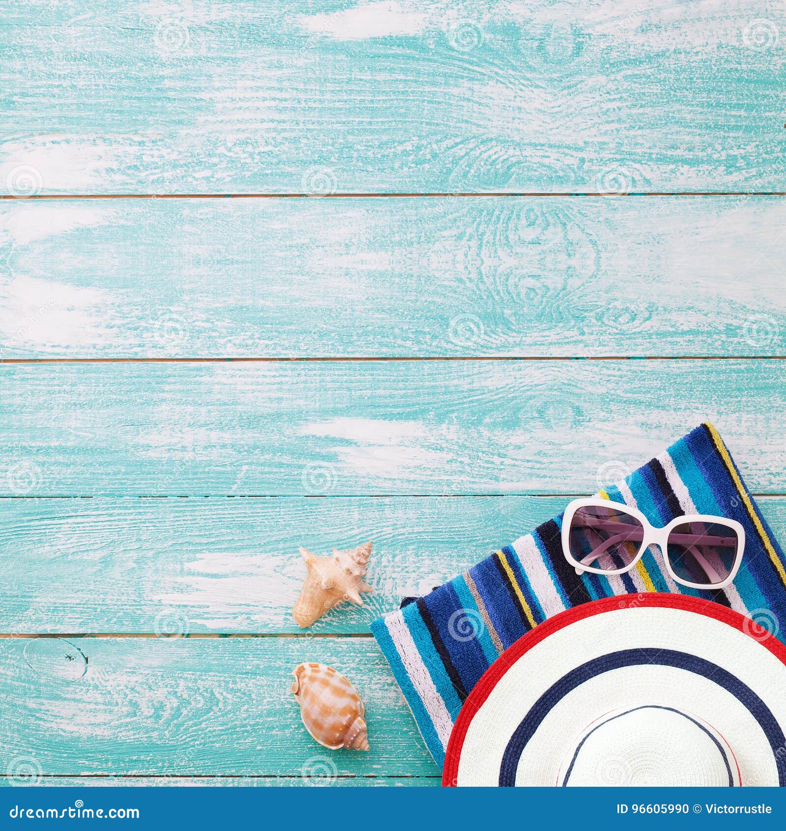 Summer Fun Time and Accessories on Blue Wooden Background. Mock Up ...