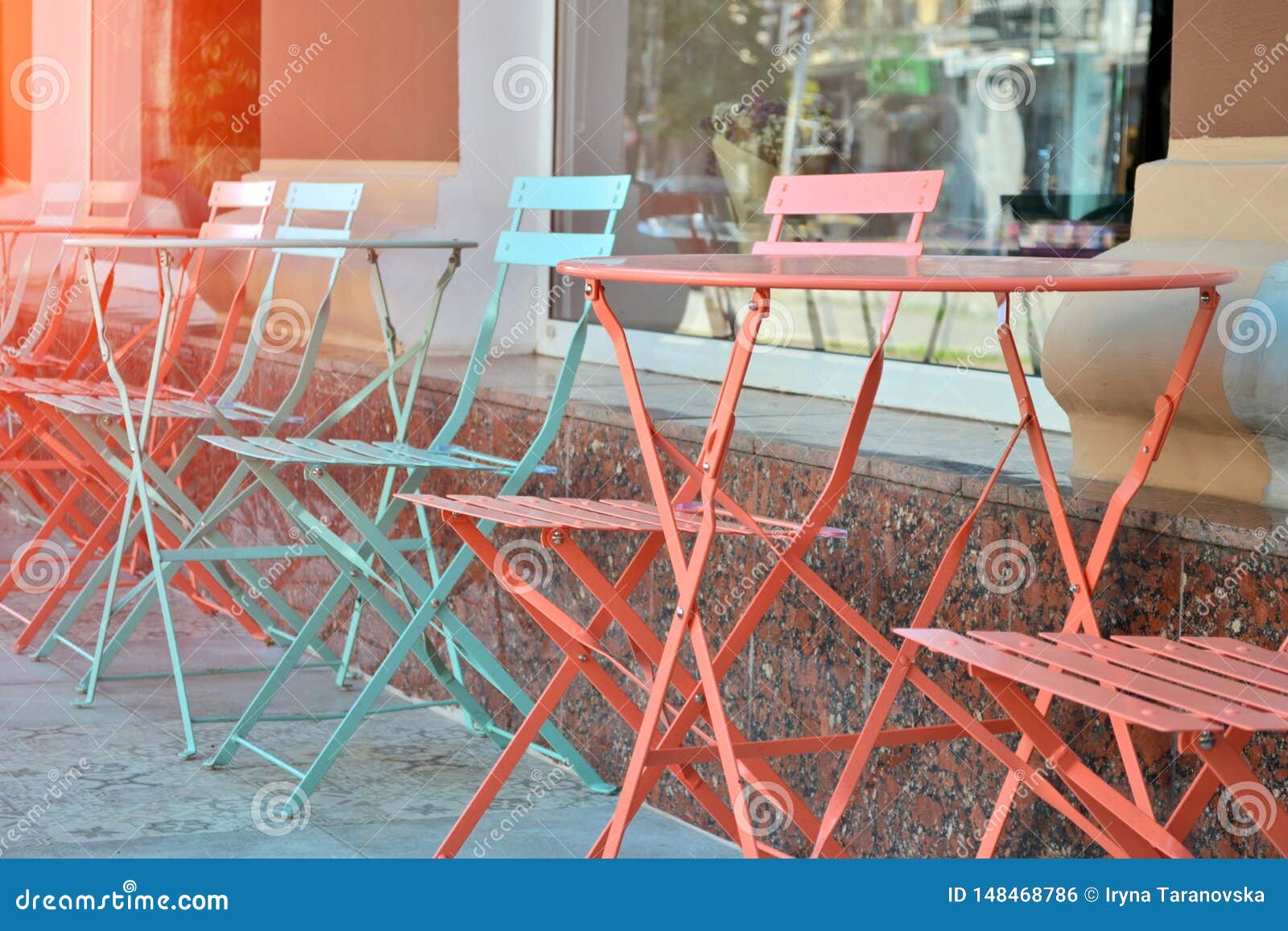 Summer Furniture Made Of Metal Near Cafe Blue And Coral Metal