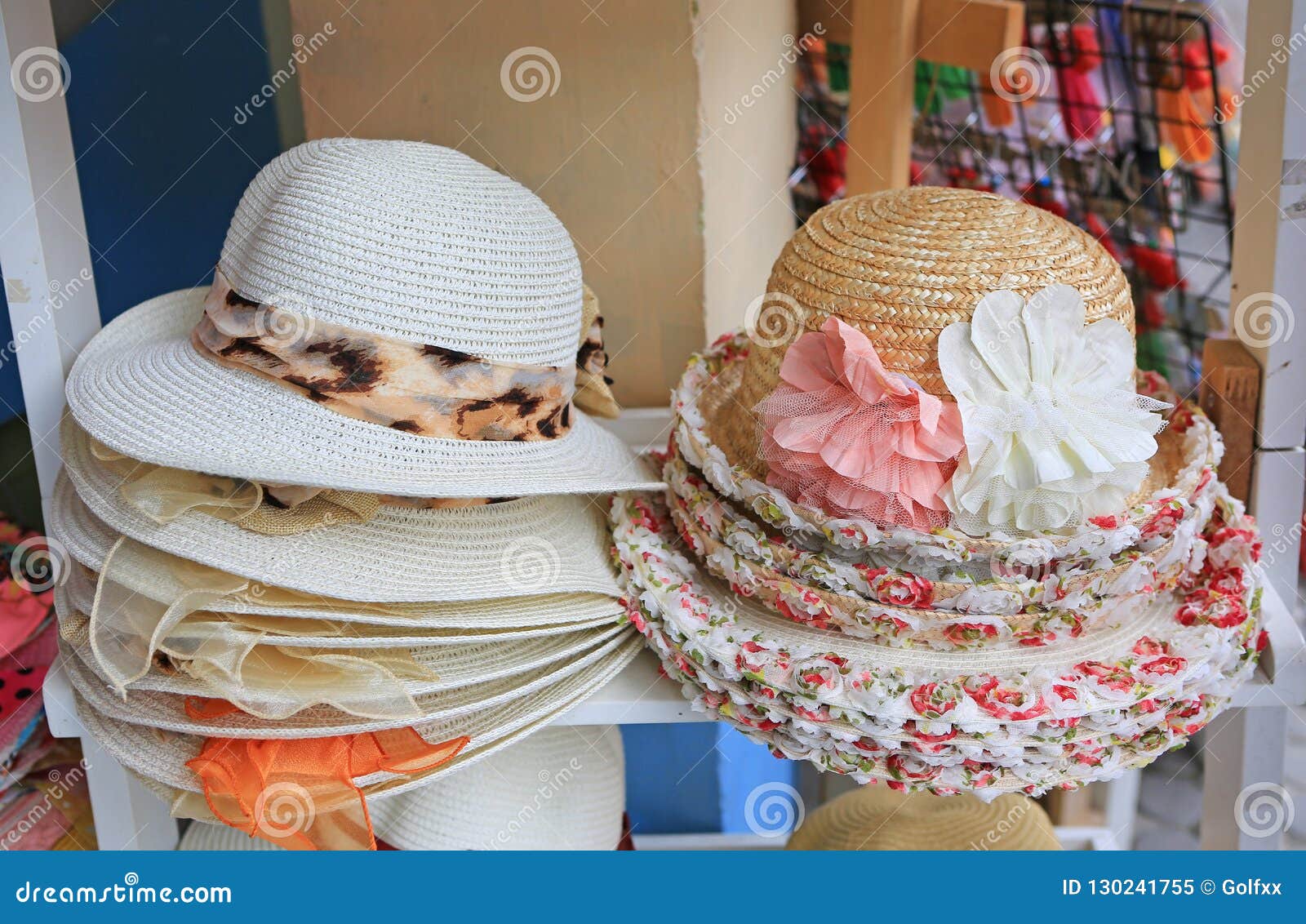 Summer Hats for Sale in a Market Stall Outdoor. Stock Image - Image of ...