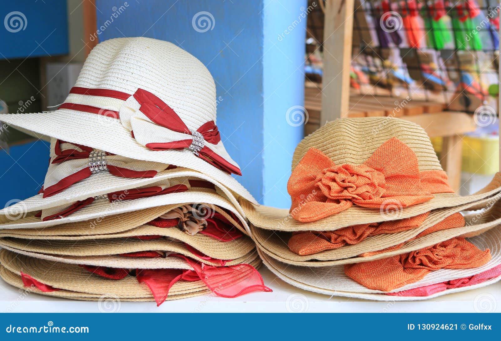 Summer Hats for Sale in a Market Stall Outdoor. Stock Image - Image of ...