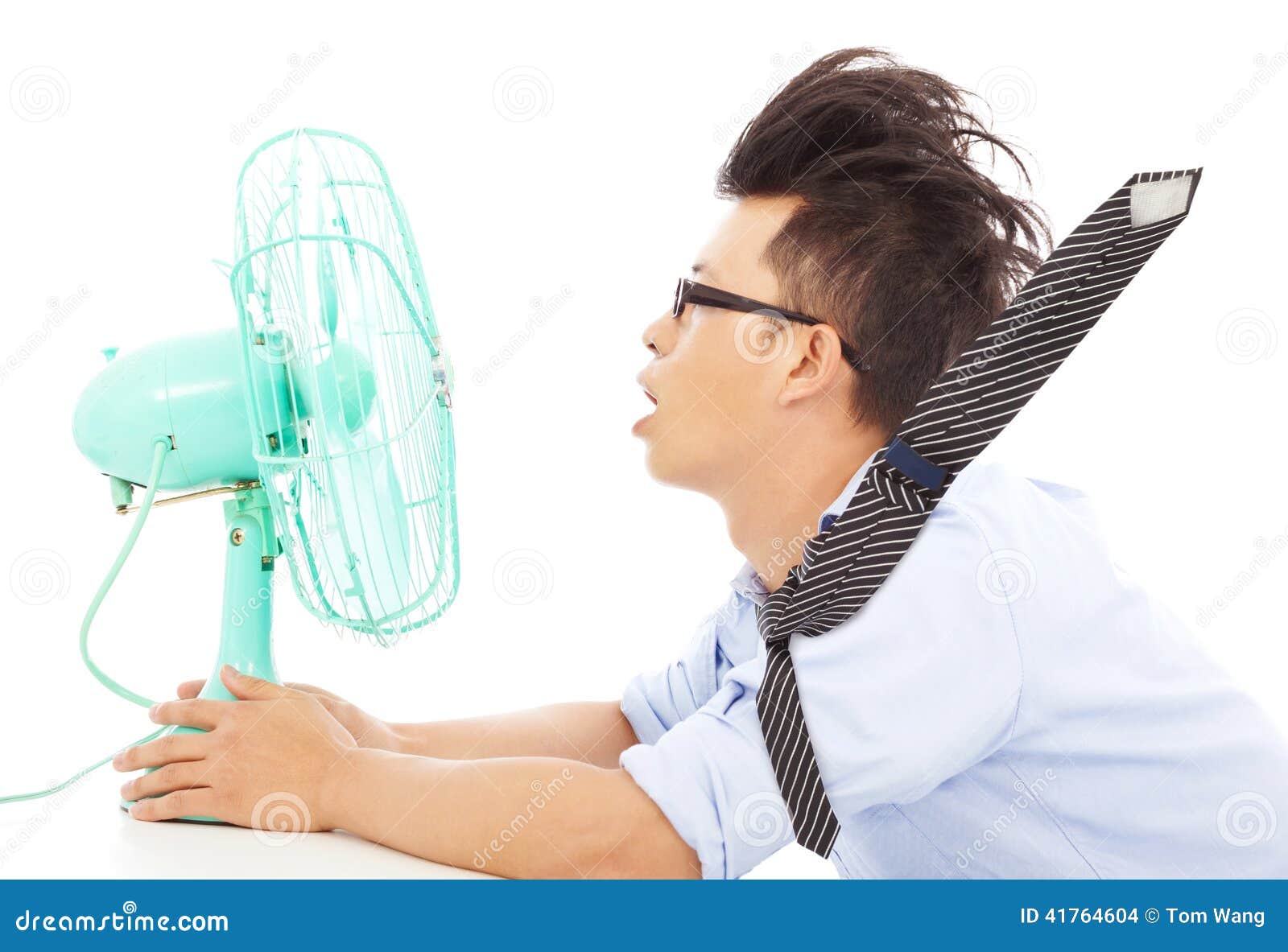 summer heat, business man use fans to cool down