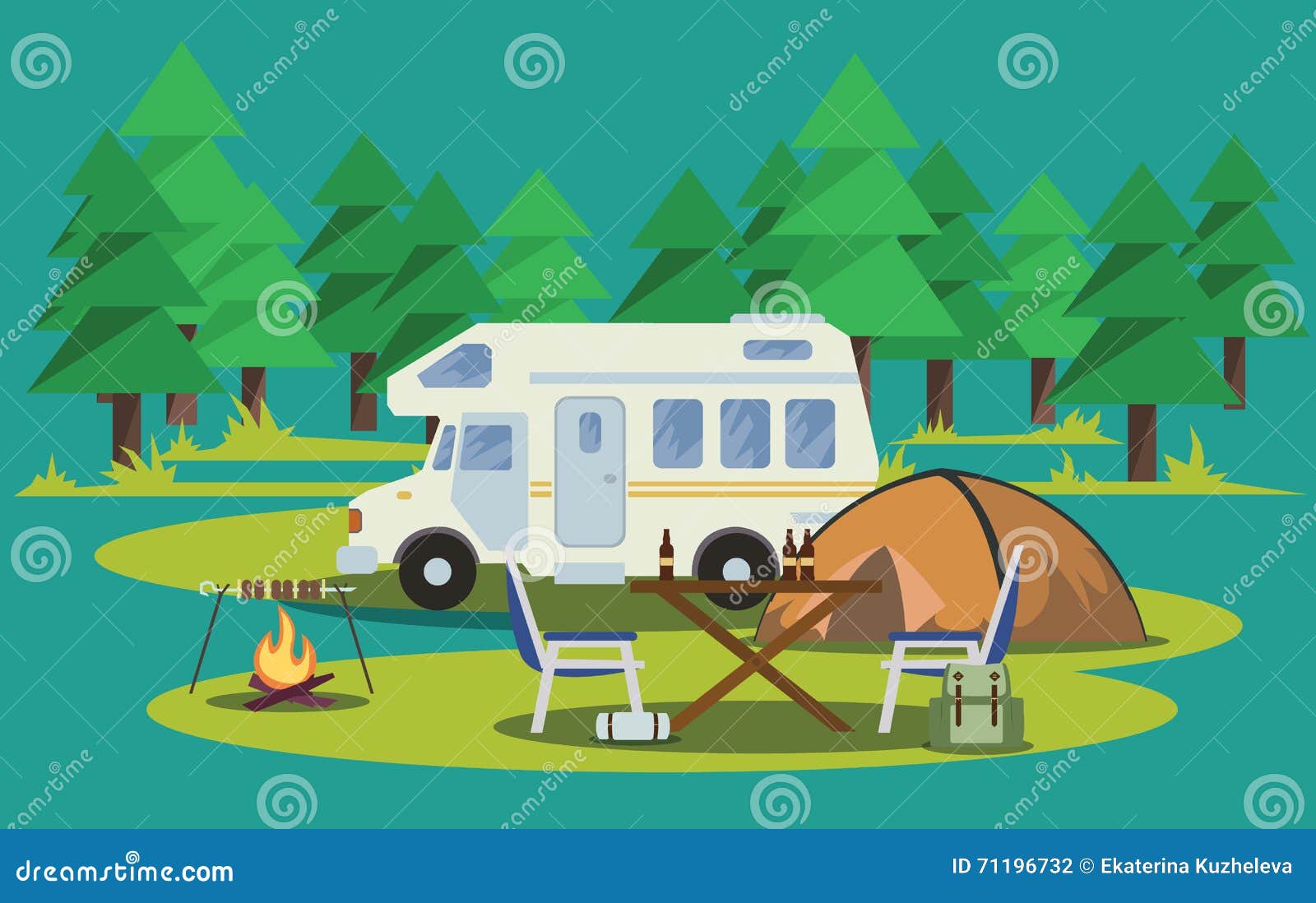 Summer Hiking. Tent, Backpack and Campfire. Vector Illustration Stock ...