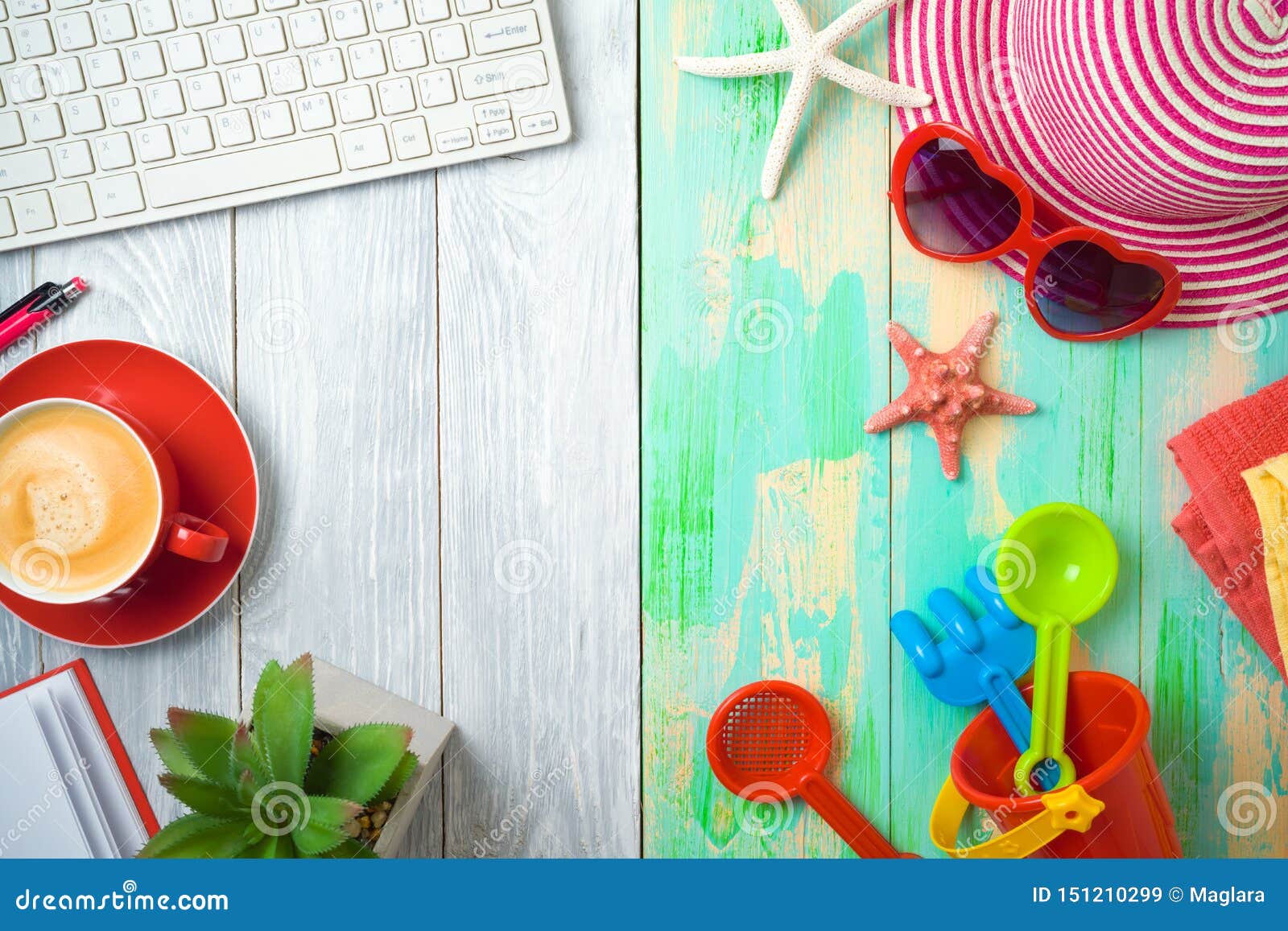 Summer Holiday Vacation Concept With Beach Accessories And Office