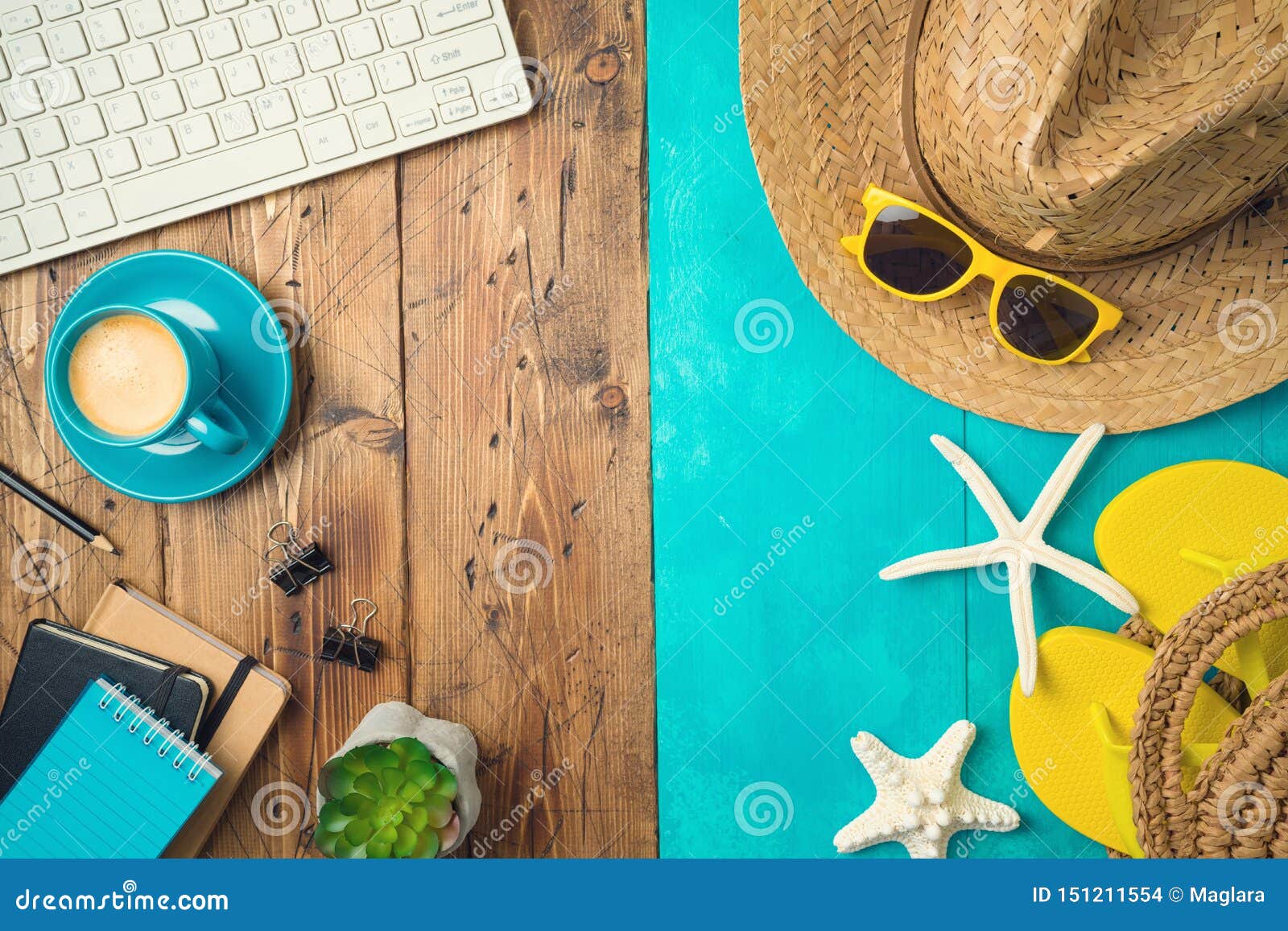 Summer Holiday Vacation Concept With Beach Accessories And Office