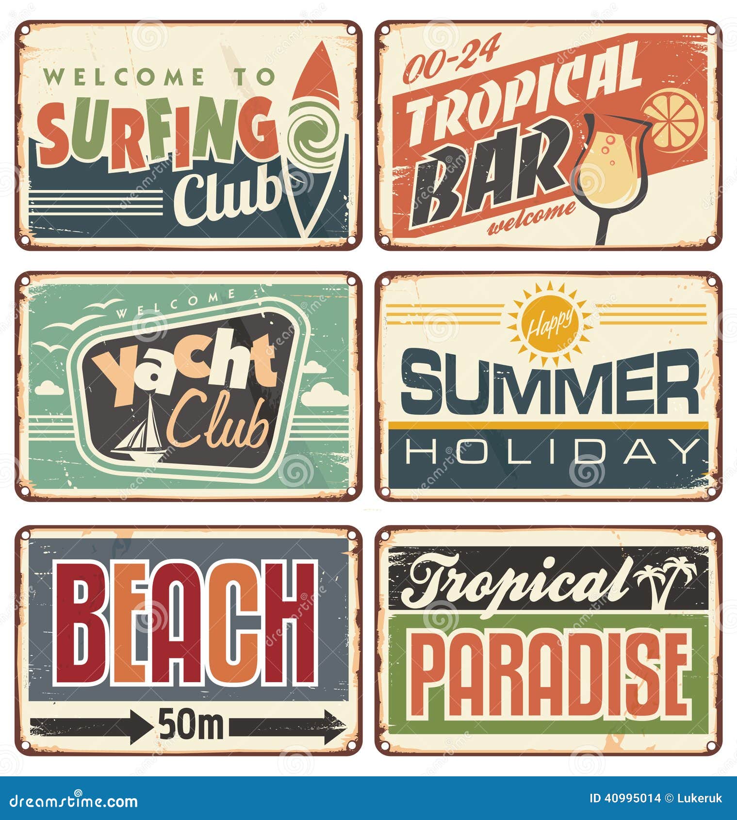 summer holiday vintage sign boards collection vector set promotional metal signs tropical beach advertising billboards posters 40995014