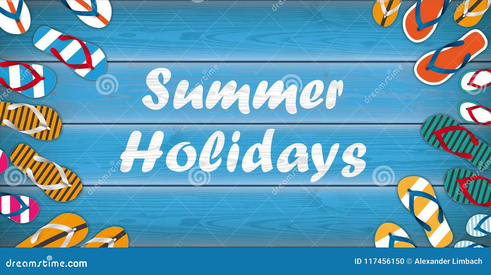 summer holidays flip-flops wooden background centre header