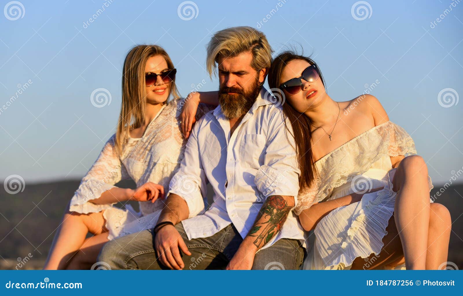 Threesome Concept Three People Having Group Sex Together One Man And Two Sexy Women Polygamy