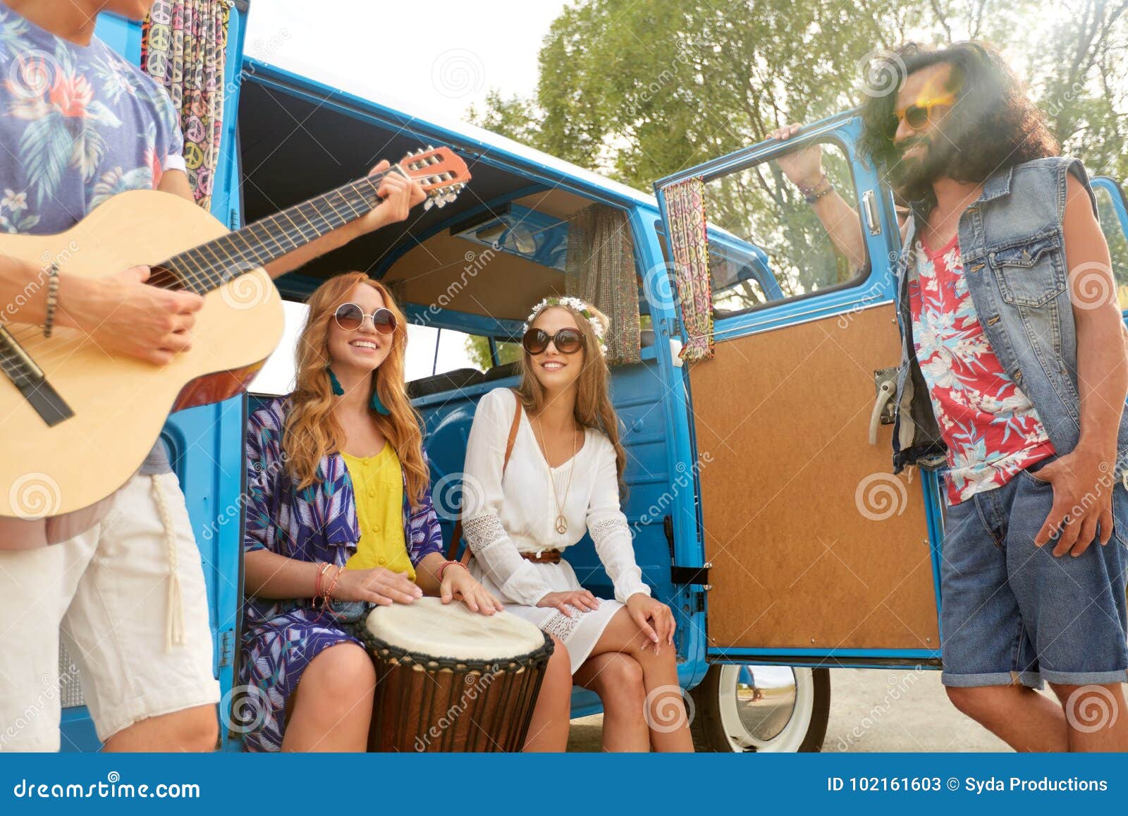 Happy Hippie Friends Playing Music in Minivan Stock Image - Image of ...