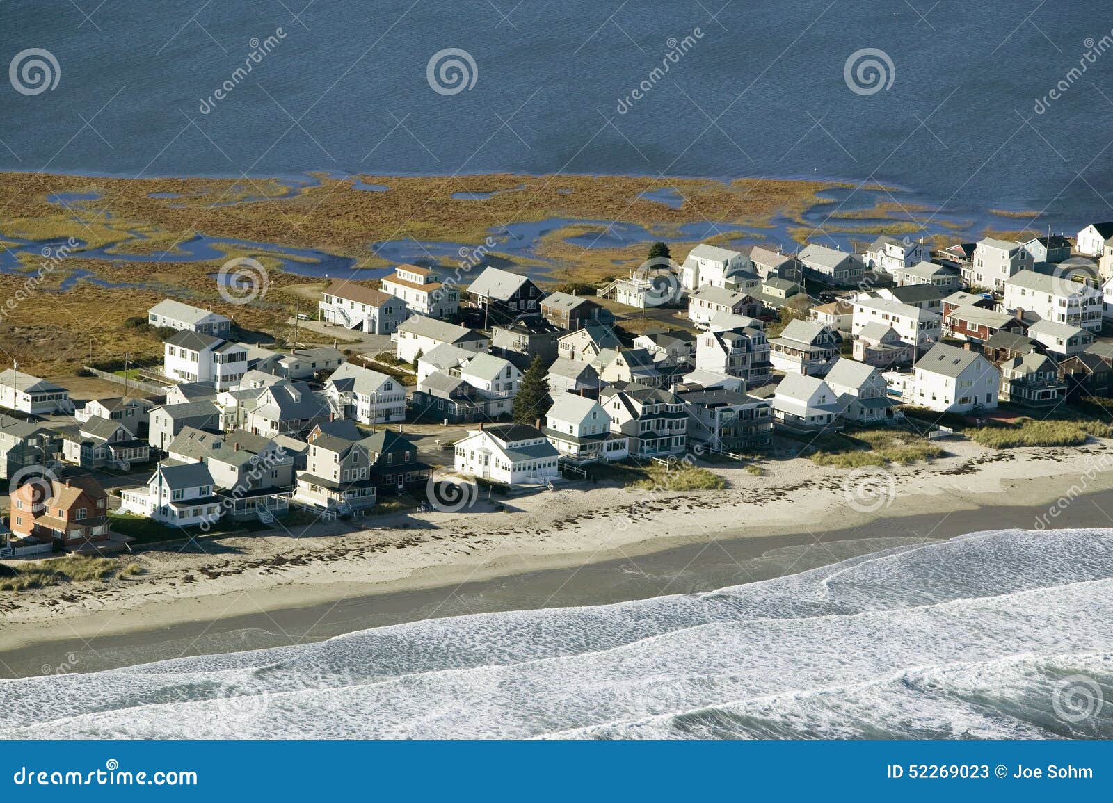 Summer Homes on Ocean and Marsh of York Beach, Maine Stock Image