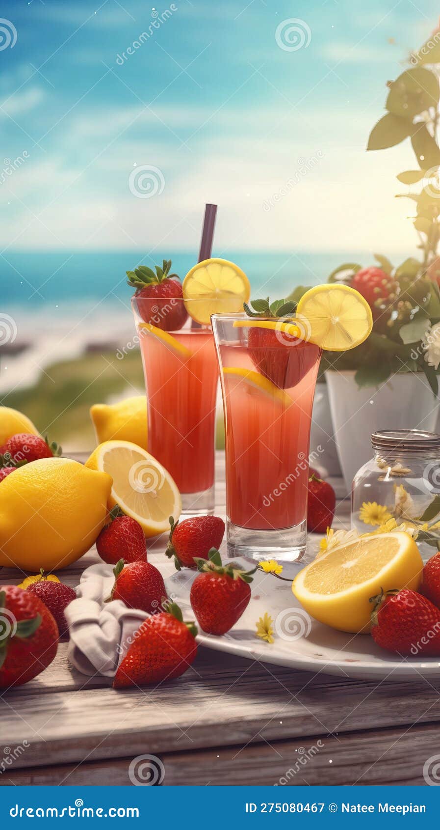 Summer Iced Cold Drink with Strawberry and Lemon. Generative AI Stock Illustration