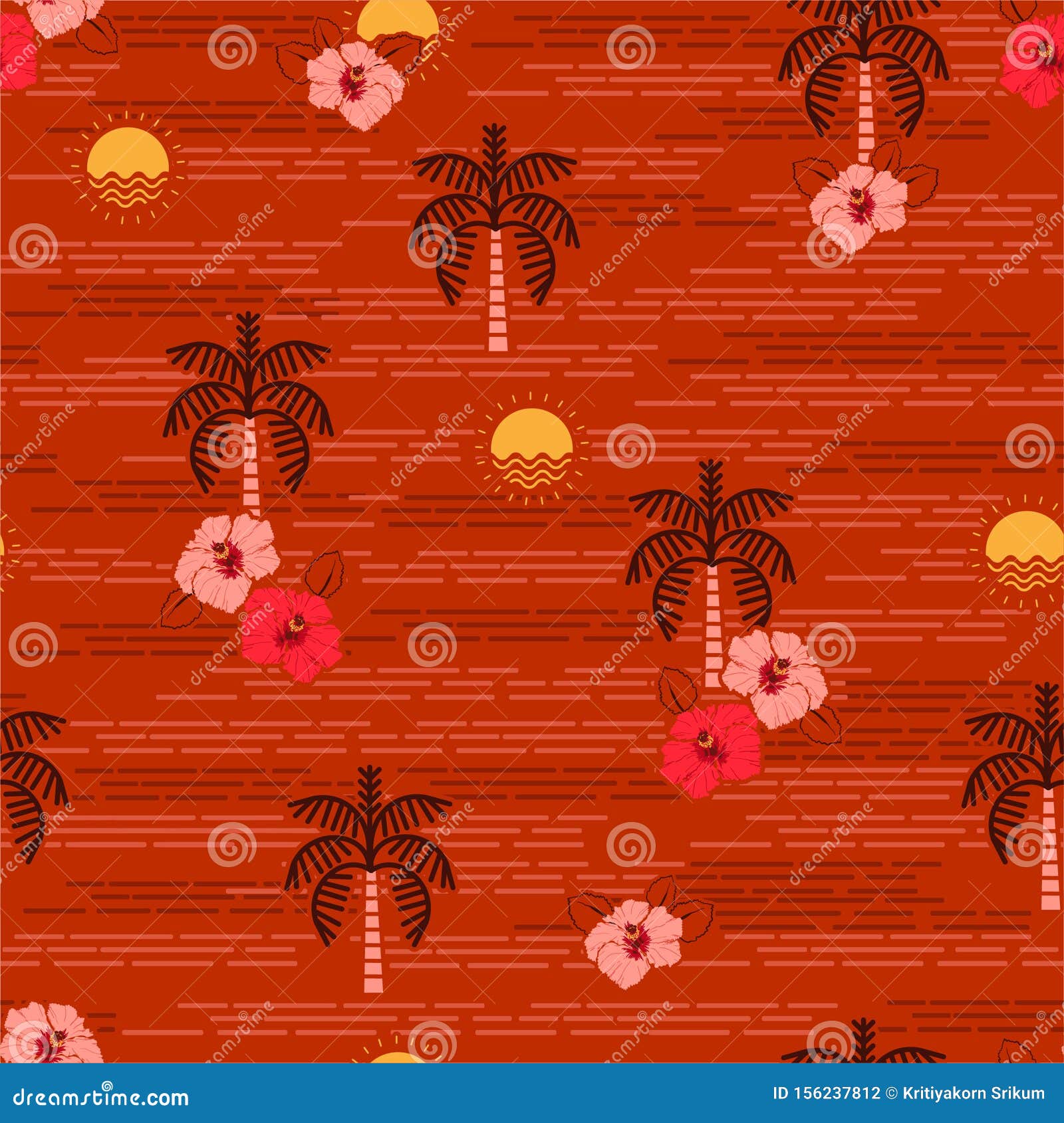 summer island in the ocean icon s  seamless summer pattern such as palm trees , hibiscus flower , sun .  for fashion