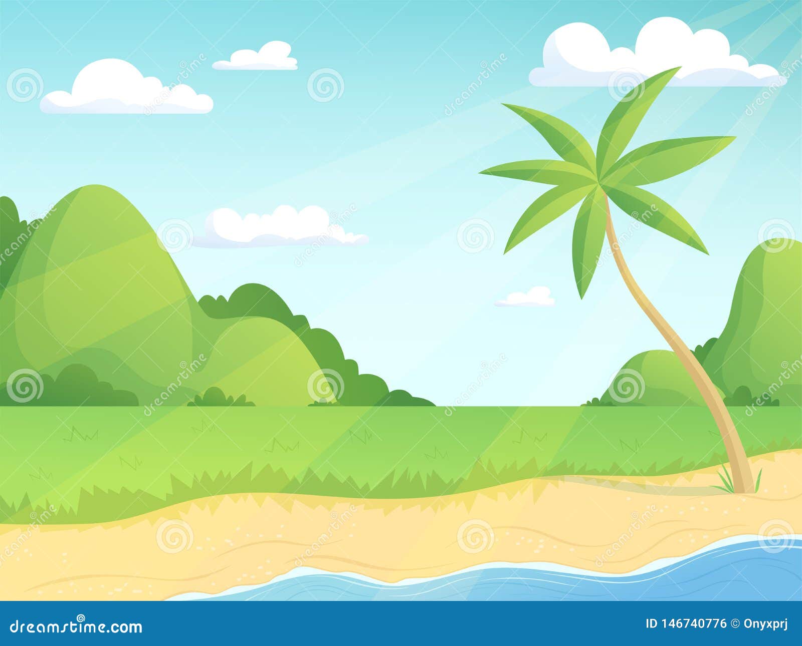 Summer Landscape. Green Hills Palm Tree and Seaside with Grass and Water Simple Outdoor Illustration Vector Cartoon Stock Vector - Illustration of paradise, relax: 146740776 Summer Landscape. Green Hills Palm Tree and Seaside with Grass and Water Simple Outdoor Illustration Vector Cartoon Stock Vector - Illustration of paradise, relax: 146740776