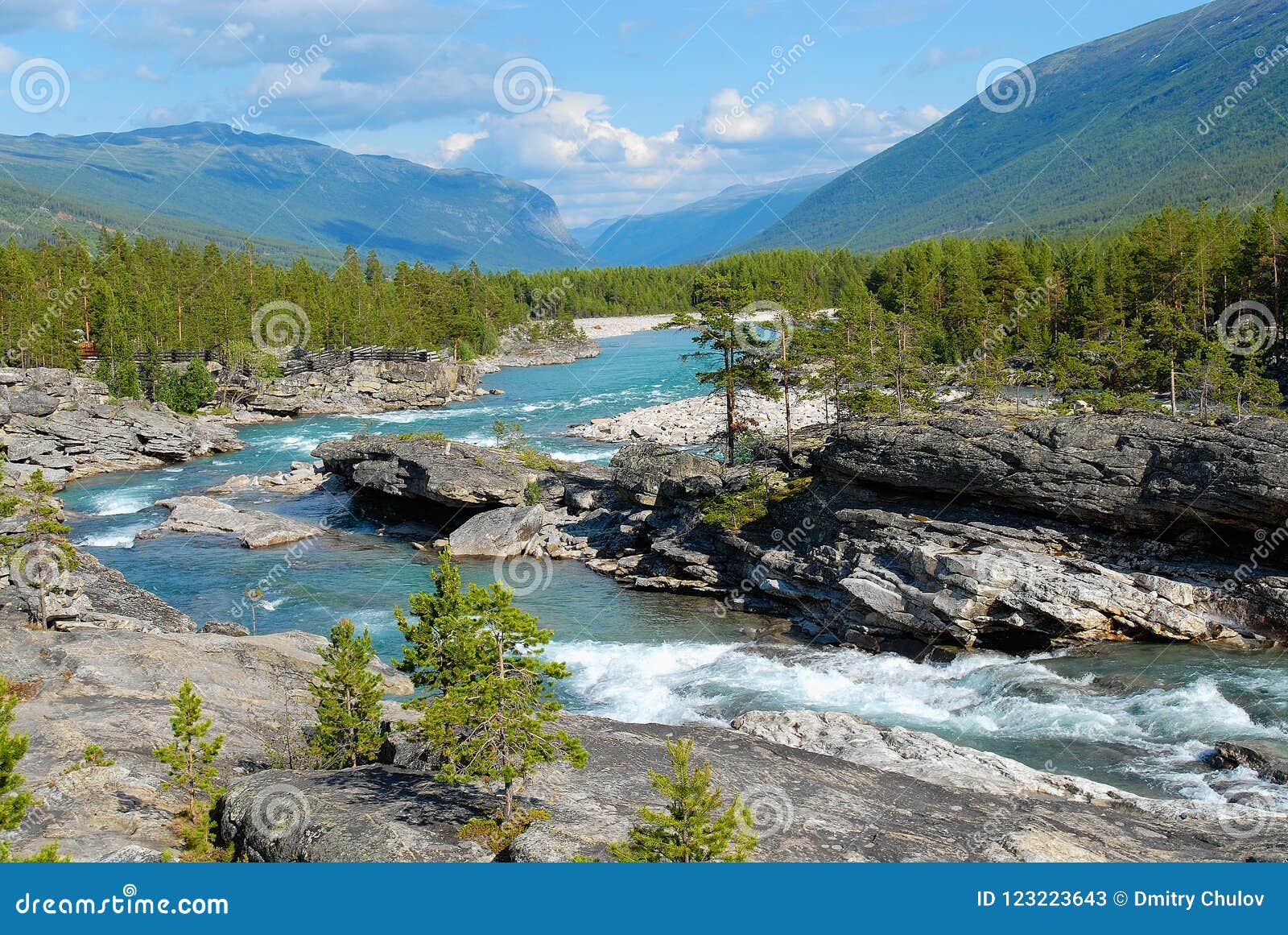 summer landscape with the river passing by the mountain valley in rural area of skjak municipality in norway.