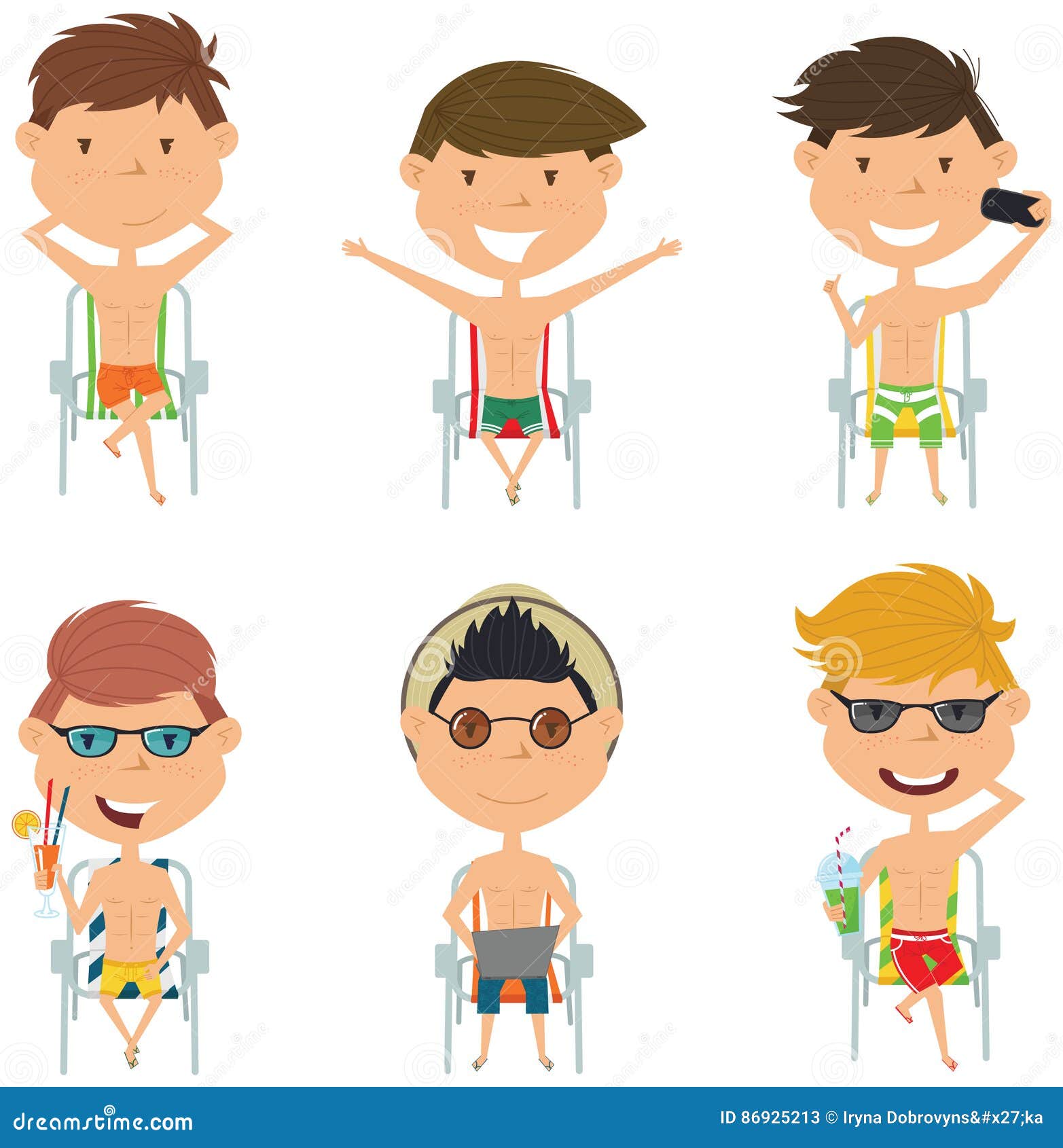 Summer Male Characters Sitting On Beach Chairs Vector Illustration