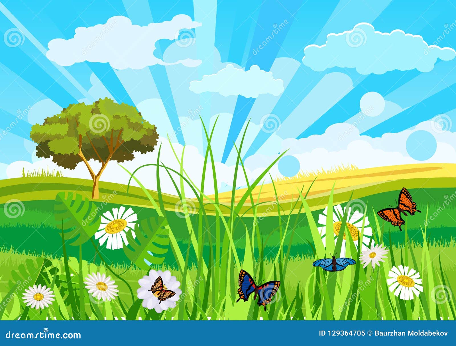 Summer Meadow Funny Background Vector Illustration Stock Vector ...