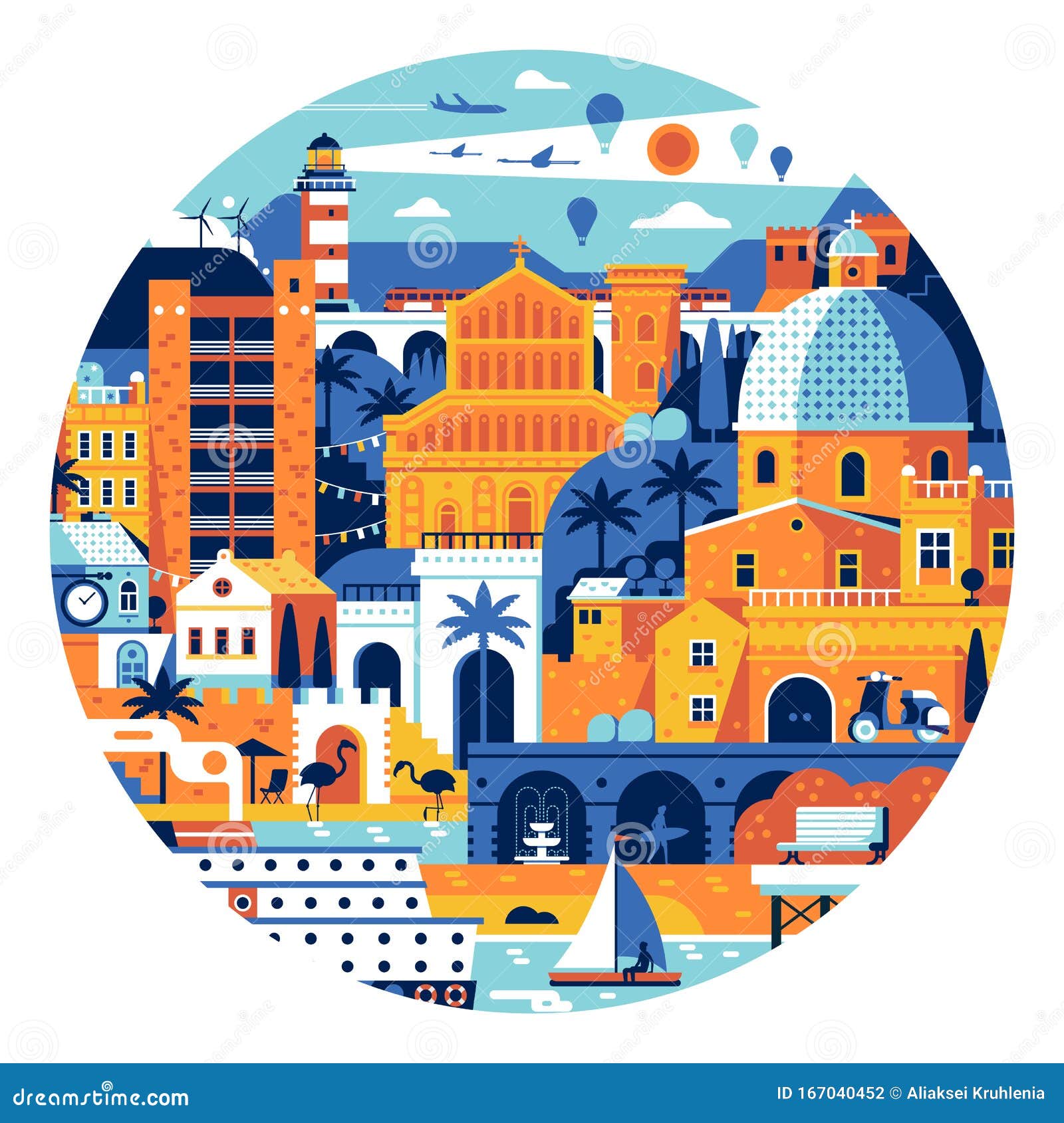 Summer Mediterranean Town Circle Poster or Print Stock Vector ...