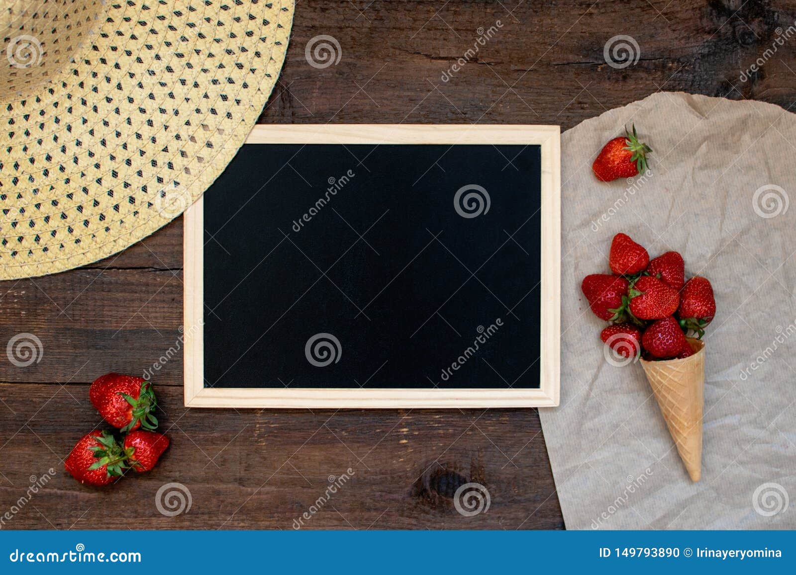 Download Summer Mockup With Black Square Frame, Straw Hat And Strawberries. Summer Berry Background. Flat ...
