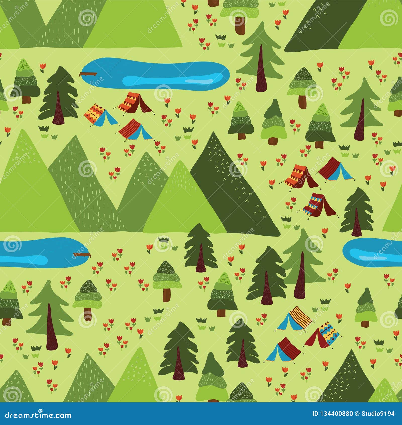 Summer Mountain Camping Seamless Vector Pattern Stock Vector Illustration Of Abstract Recreation 134400880