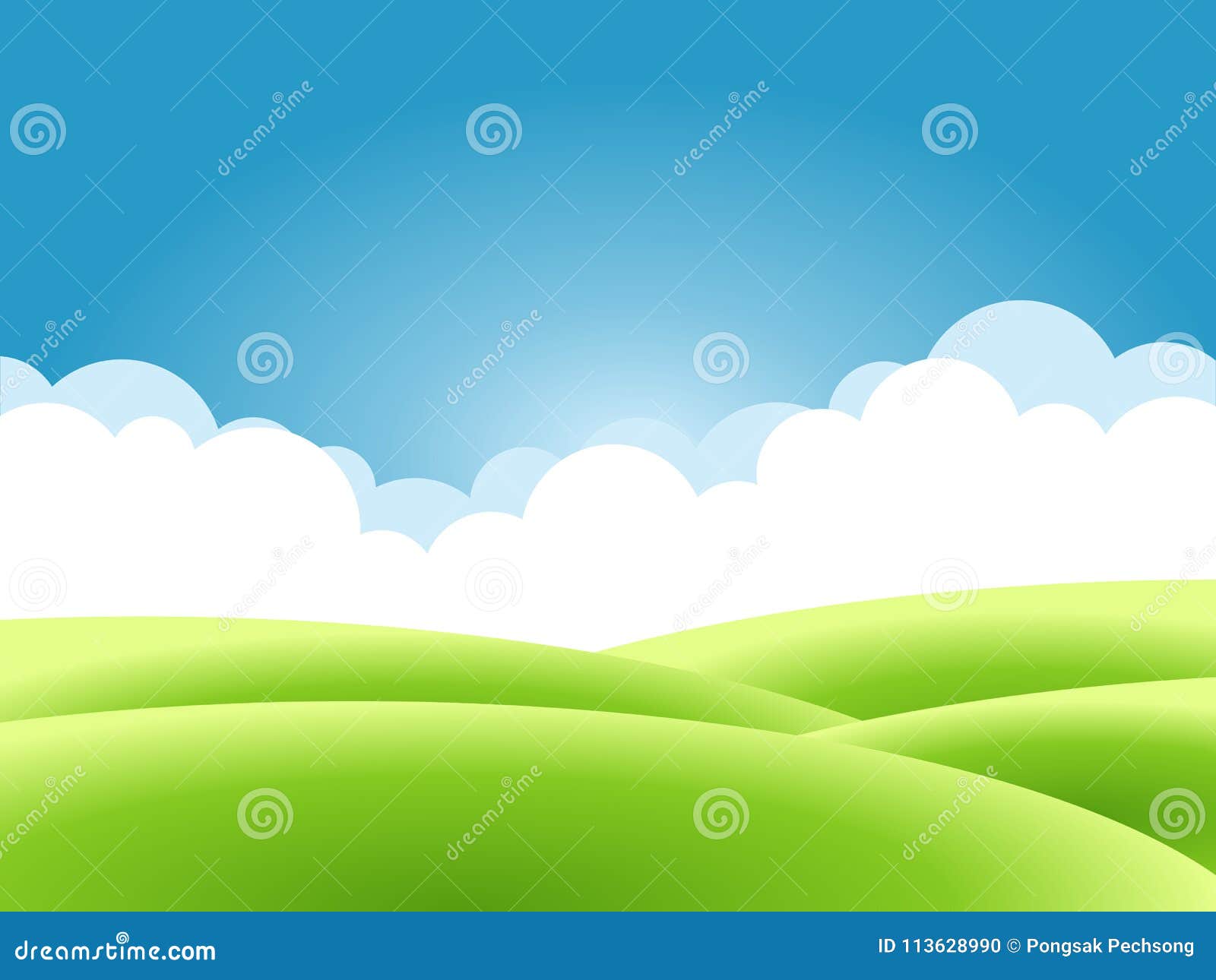 summer nature background, a landscape with green hills and meadows, blue sky and clouds.