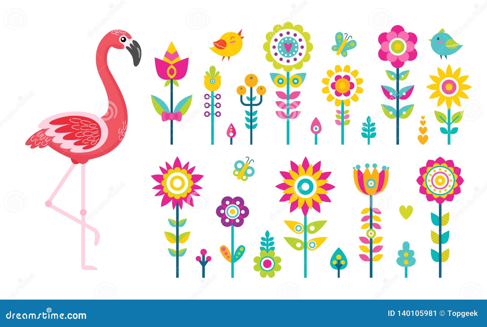 Summer Objects or Elements, Flamingo and Flowers Stock Vector