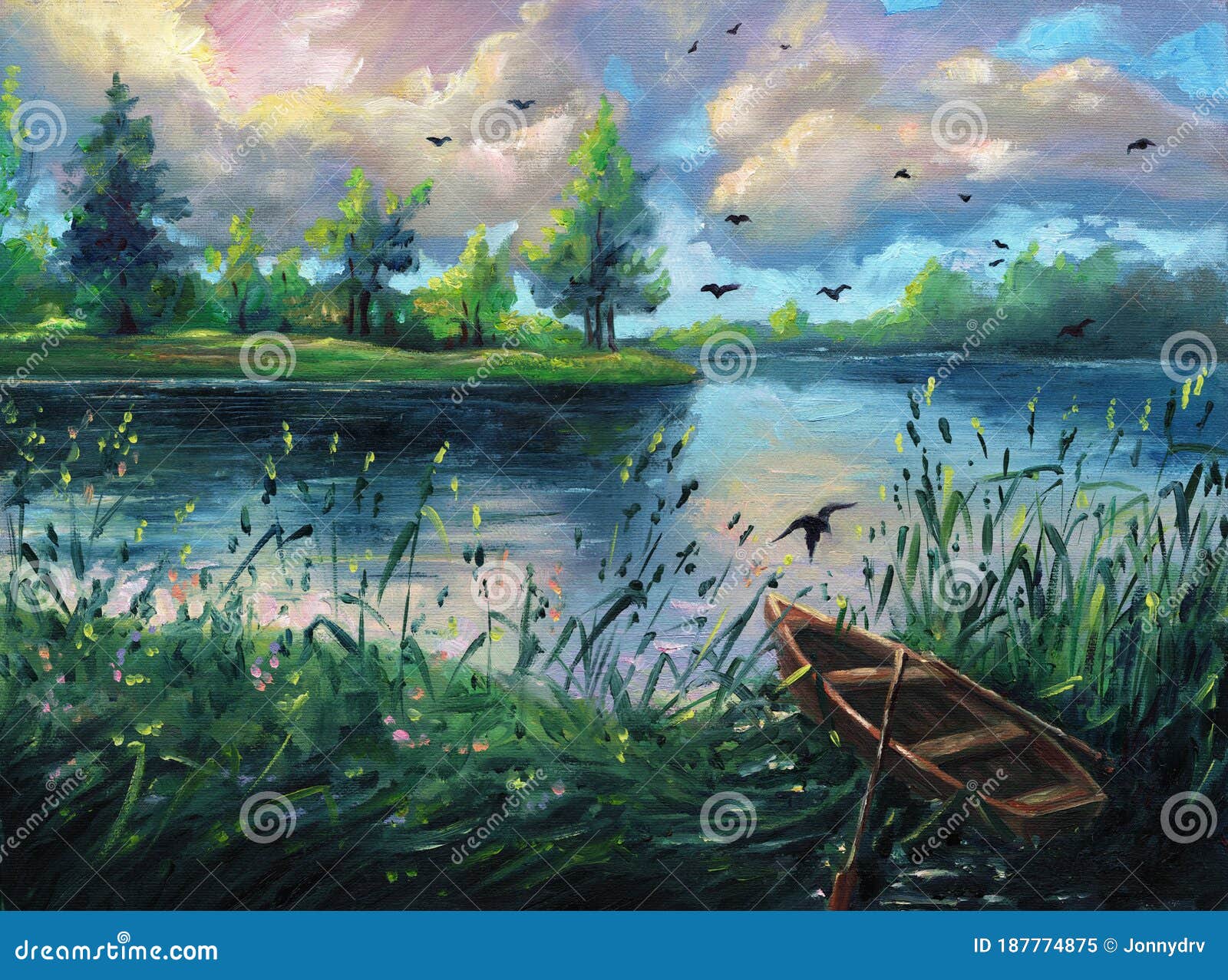 Summer Oil Painting Nature Forest Landscape Background on Canvas with Pond,  Evening Sunset, Lake, Green Trees, Clouds, Blue Sky Stock Illustration -  Illustration of impressionism, painting: 187774875