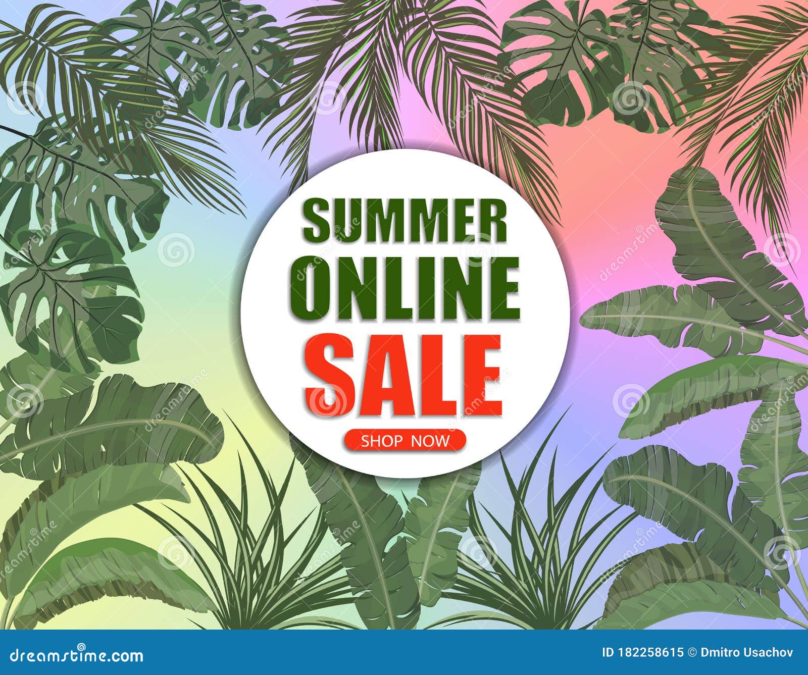 Uitpakken laat staan Ongewijzigd Summer Online Sale. Banner on the Background of Palm Leaves on All Sides  and a Multi-colored Gradient. Shop Now Stock Vector - Illustration of  party, banana: 182258615