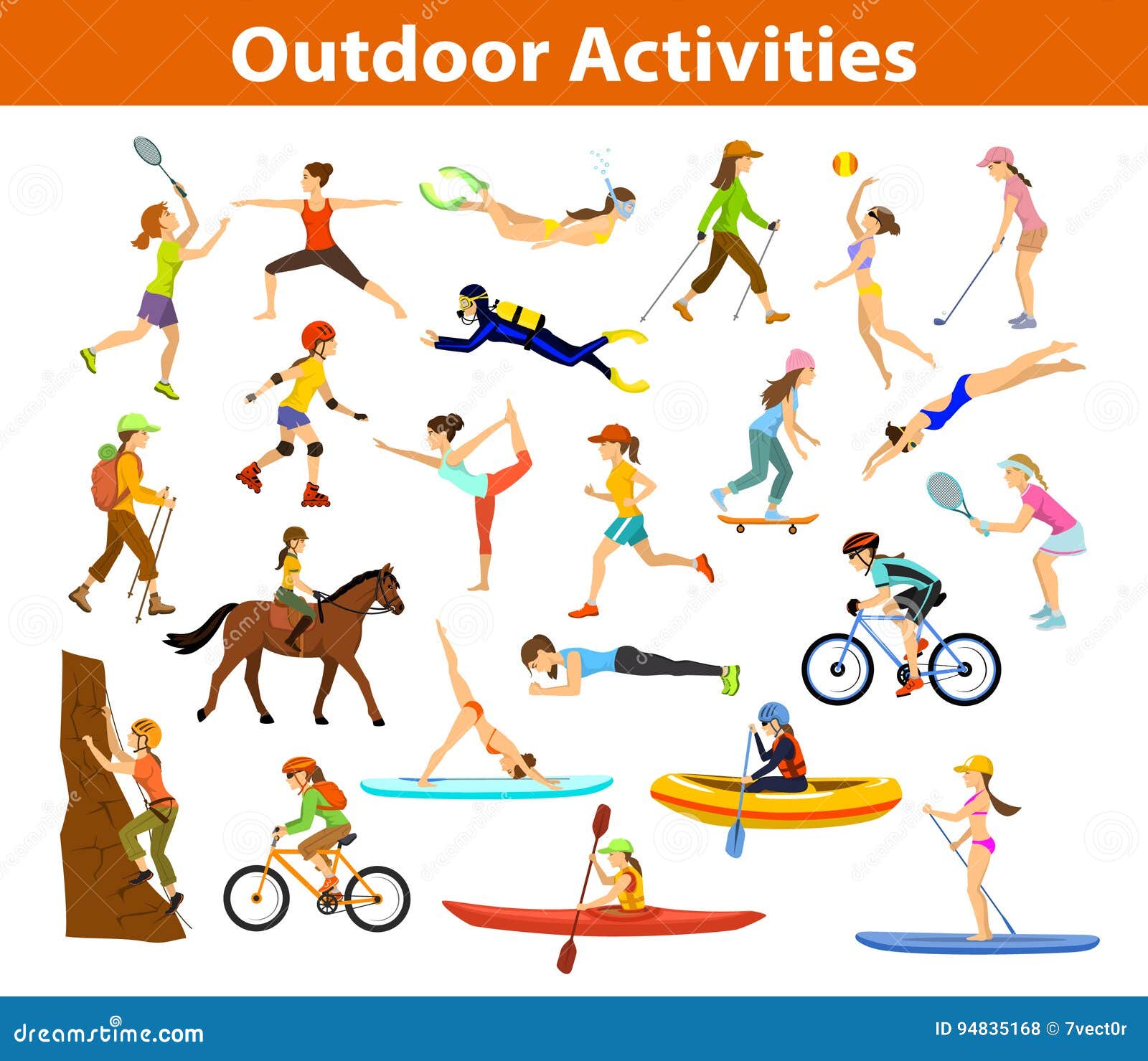 Summer Outdoor Sports and Activities. Stock Vector - Illustration of hike,  asana: 94835168