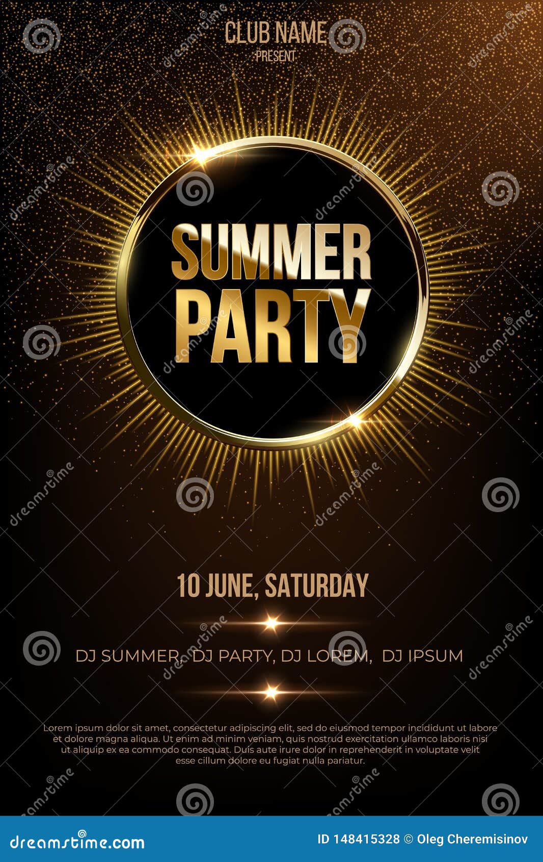 Summer Party Flyer Template Golden Metal Words And Solar Eclipse On Dark Background Stock Vector Illustration Of Modern Concert